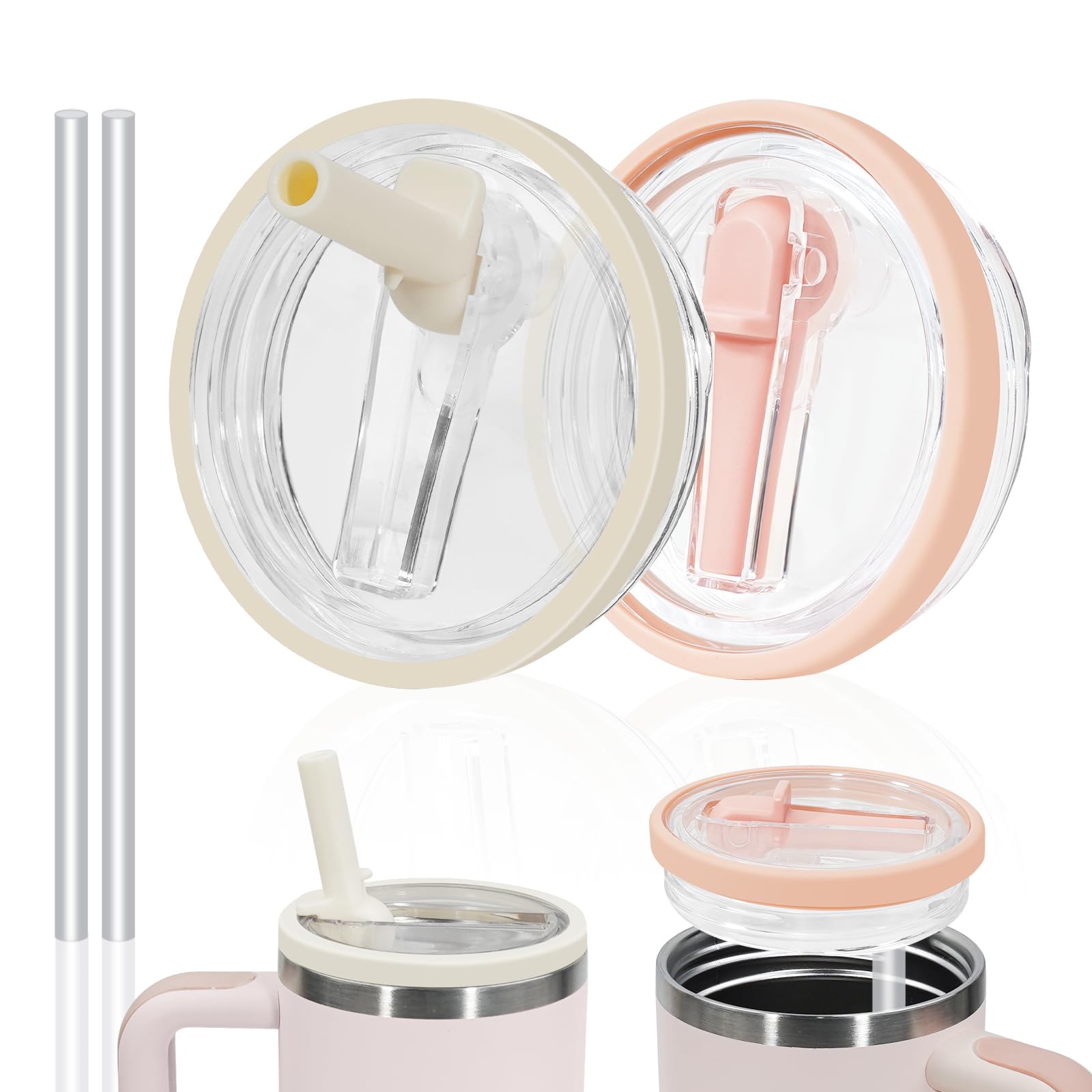 40oz Leak Proof Flip Straw Lid for Stanley H2.0 Quencher,2 Pack | Spill Proof Stanley Tumbler Lid Replacement Cream White,Pink - 40 OZ - Cream White+Pink
