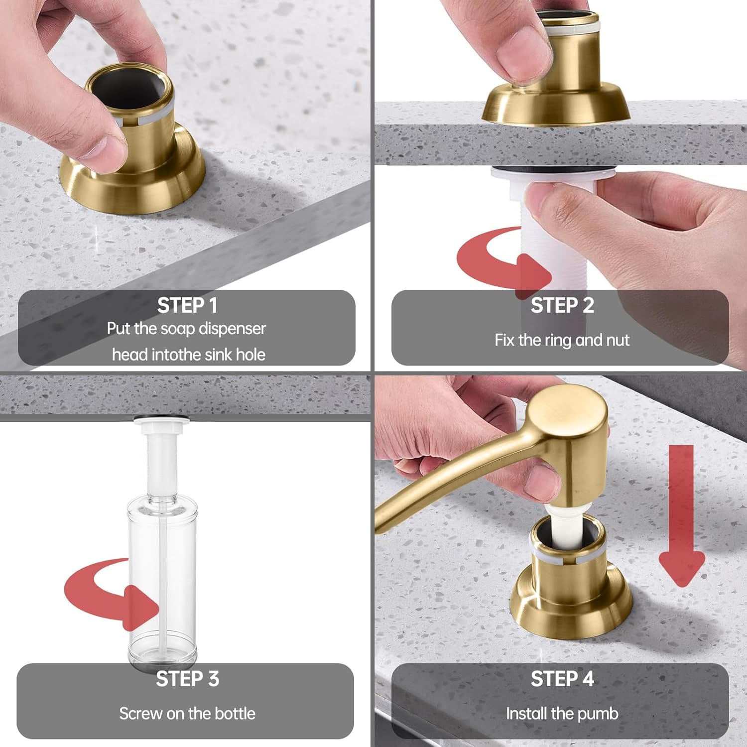 Dispensador de jabón integrado para fregadero, dorado, cabezal de bomba ABS, recambio desde la parte superior, dispensador de jabón de manos para cocina