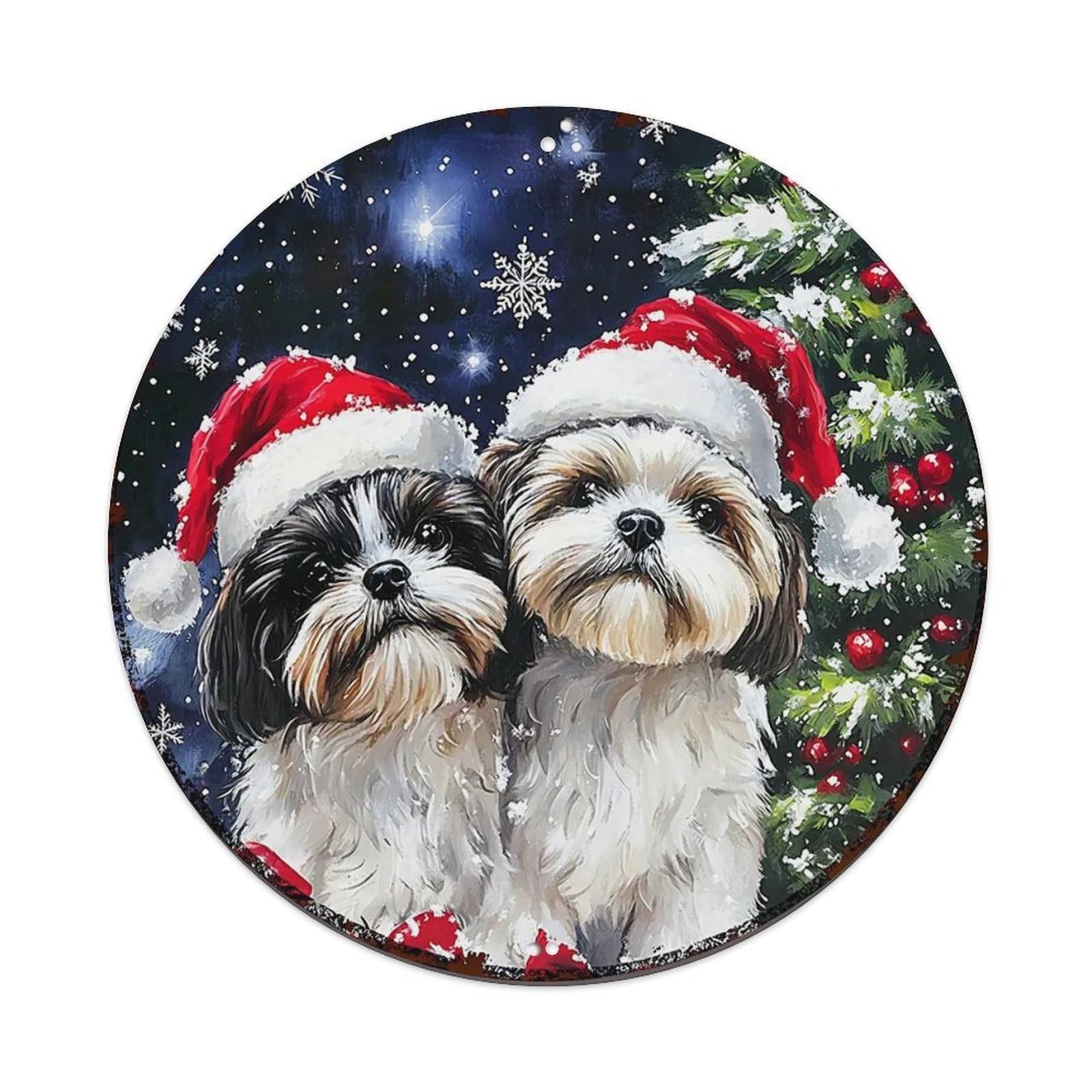 Christmas Dogs Santa Hats Tree Round Tin Sign Vintage Metal Sign Home Bar Garden Indoor & Outdoor Wall Decor Retro Metal Poster 8x8 Inch
