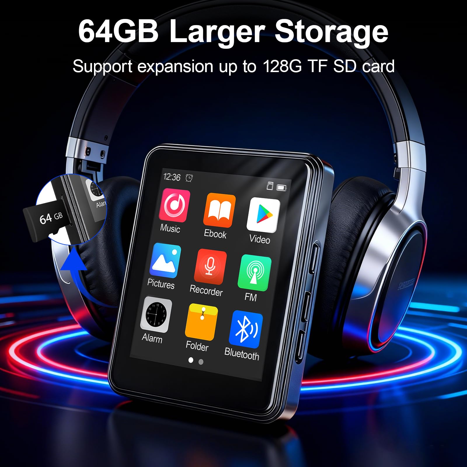 64GB MP3 Player Bluetooth 5.2 - MP3-Player 2.4" Full Touchscreen Tragbarer MP3 Player mit Lautsprecher HiFi-Klang eingebauter Aufnahme FM-Radio, Kann auf 128 GB erweitert Werden kindergerecht