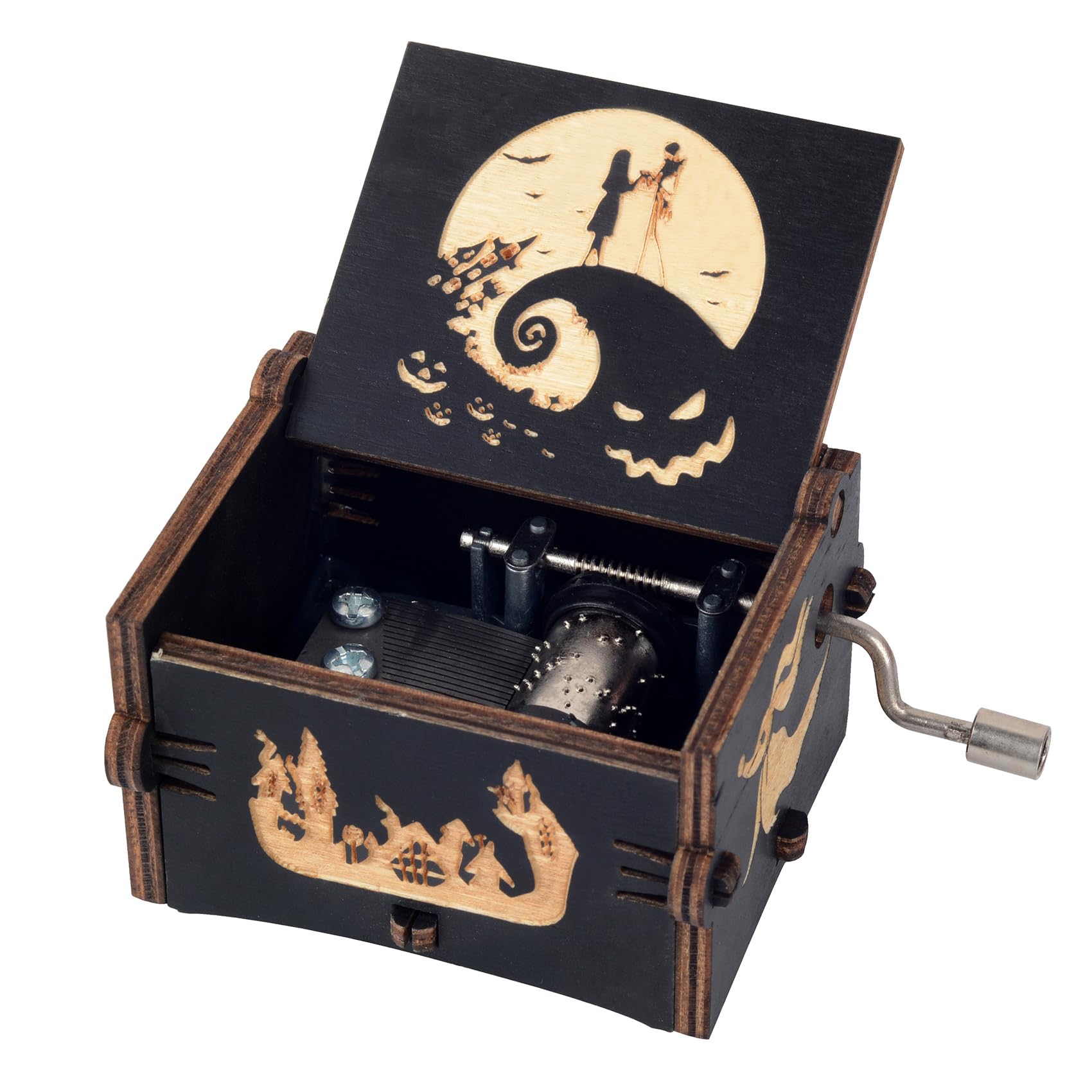 Bonita caja de música de madera con manivela, regalo de melodía de Halloween para Halloween, Navidad, día de San Valentín, cumpleaños, decoración del hogar, color negro