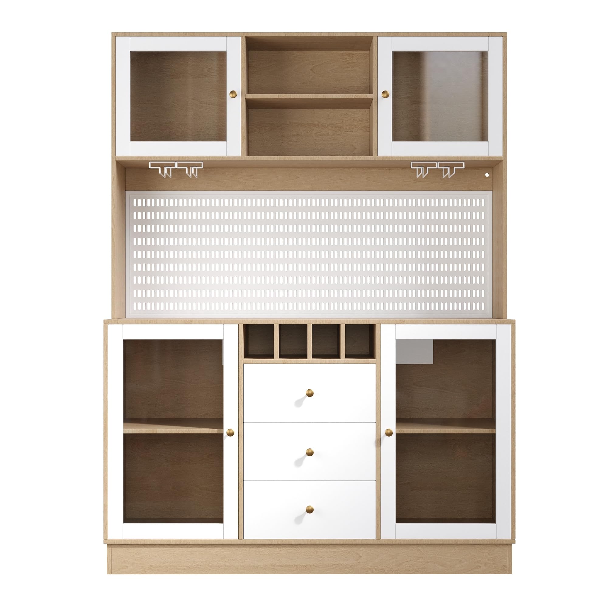 Hochschrank, Küchenschrank mit Smart LED Beleuchtung, fürs Wohnzimmer, Seitenschrank mit Weinregal und Kippsicherung, Verstellbare Einbauregale, Weiß