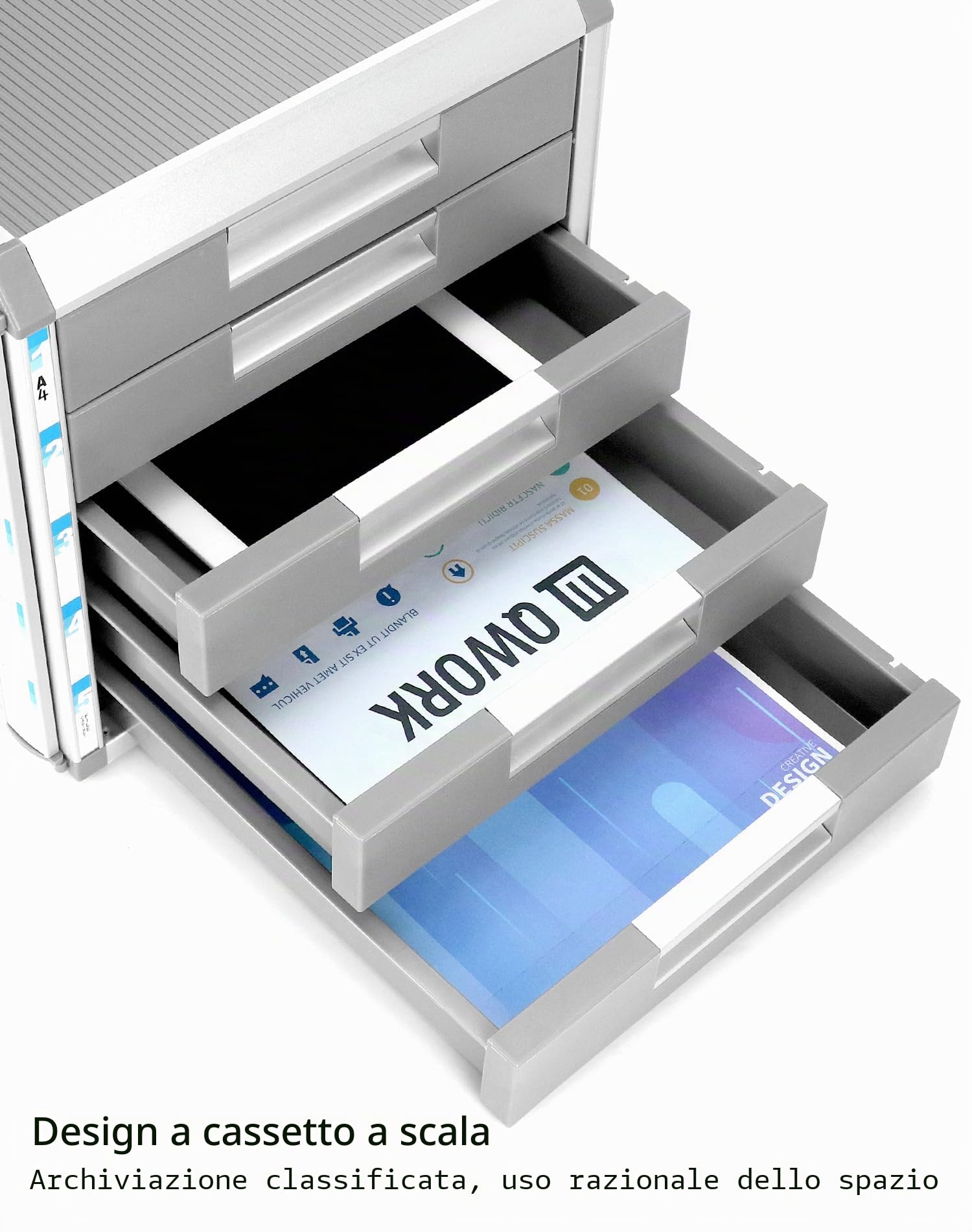 QWORK® Cassettiera A4, 5 scomparti, cassettiera porta documenti con serratura, lega di alluminio, argento