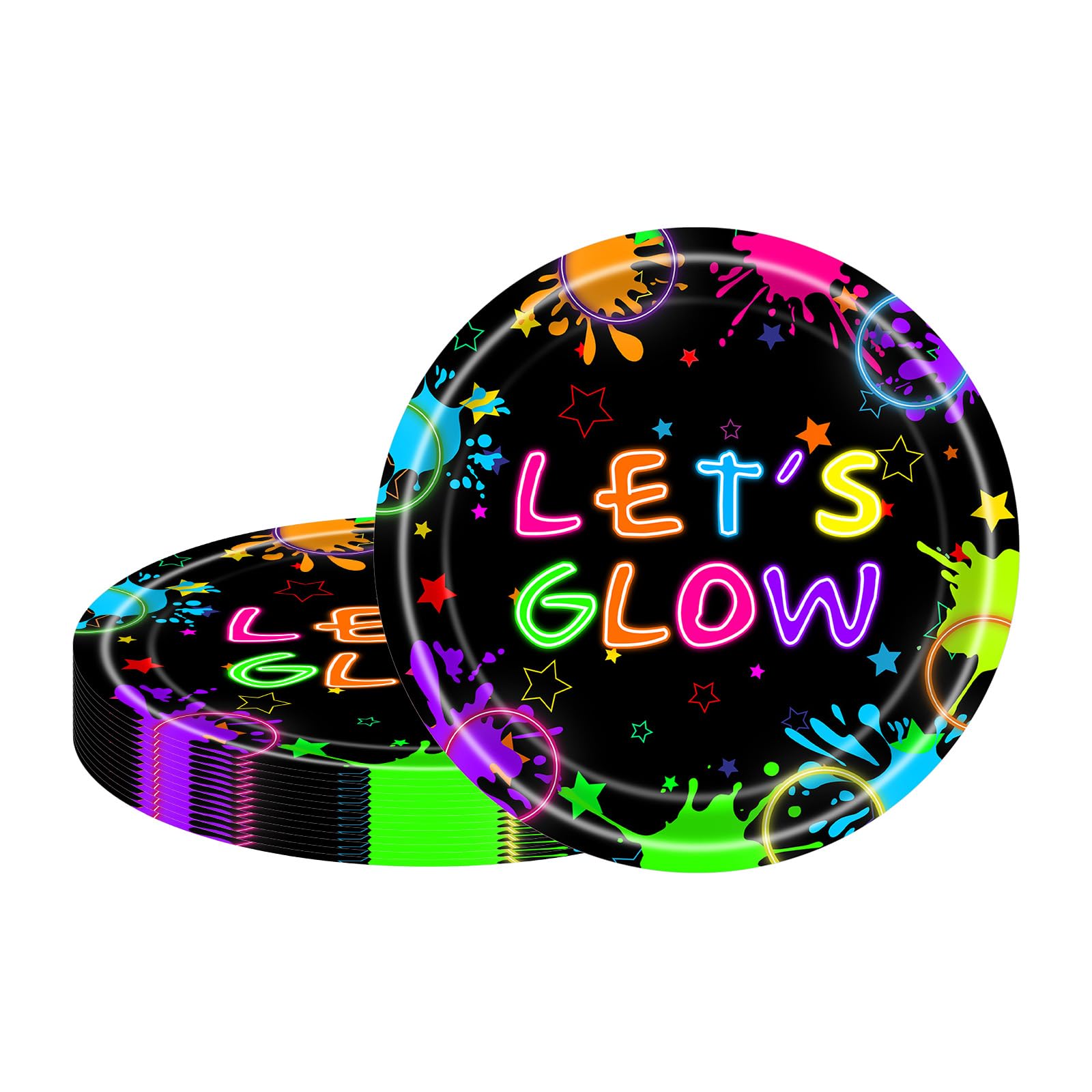 MORAINJAY 16Pcs Neon Birthday Paper Plates for Kids,7inch/18cm Happy Birthday Party Plates,Glow in the Dark Decoration,Glow Party Supplies