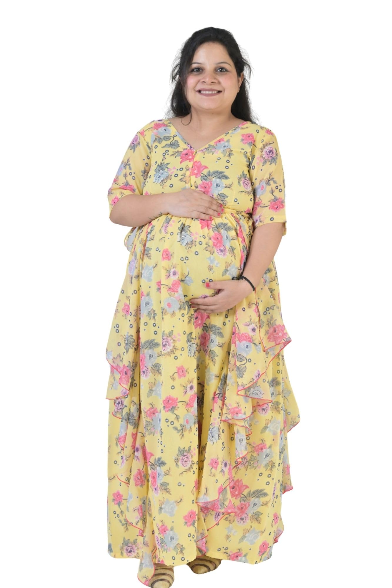 Happy Floral Yellow Maternity & Nursing Flow Dress for Women-image-10