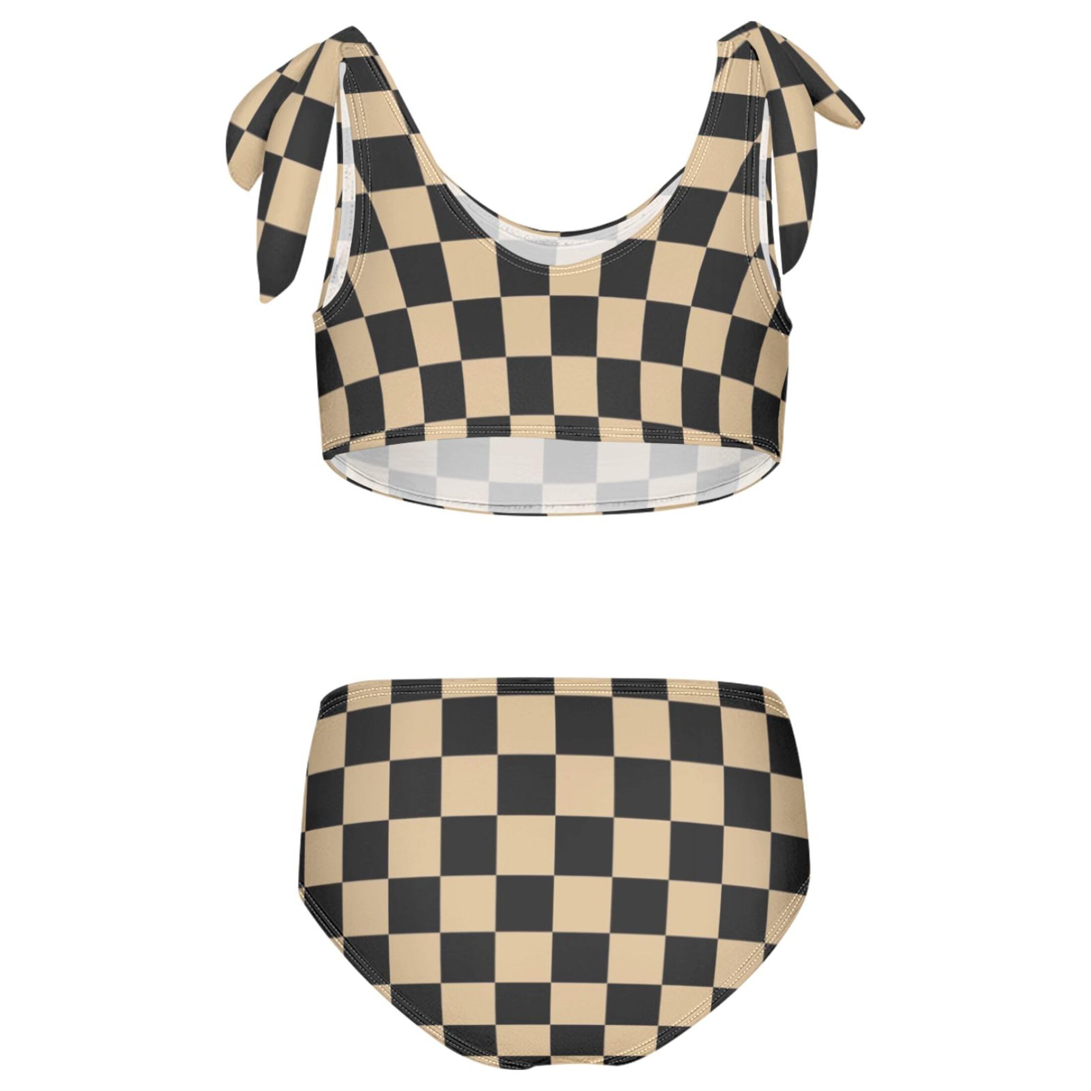 Girls Tankini Swimsuit 2 Piece Brown Plaid Chessboard Summer Bikini Bathing Suit 7-8T
