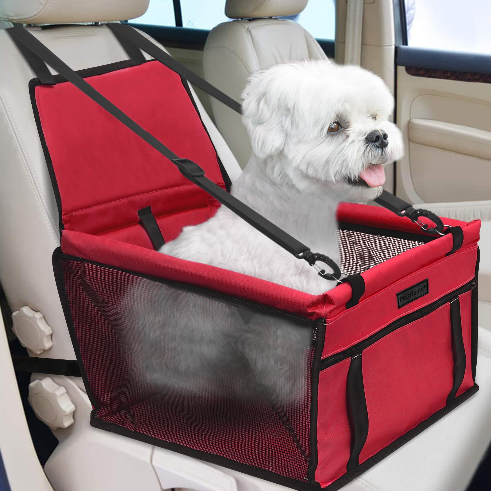 PetsHome Dog Car Seat Foldable Dog Car Booster Seat Waterproof Breathable Oxford Travel Bag for Small to Medium Dogs, Puppies, and Pets-Pure Red