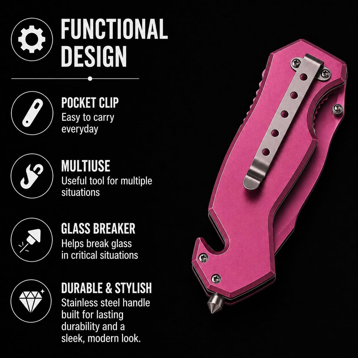 Blue Steel Personalized Laser Engraved Pocket Knife, Rescue Pocket Knife with 2.75-Inch Stainless Steel Blade, Glass Breaker Tip, Belt Cutter, and Pocketclip, Color - (Light Pink)