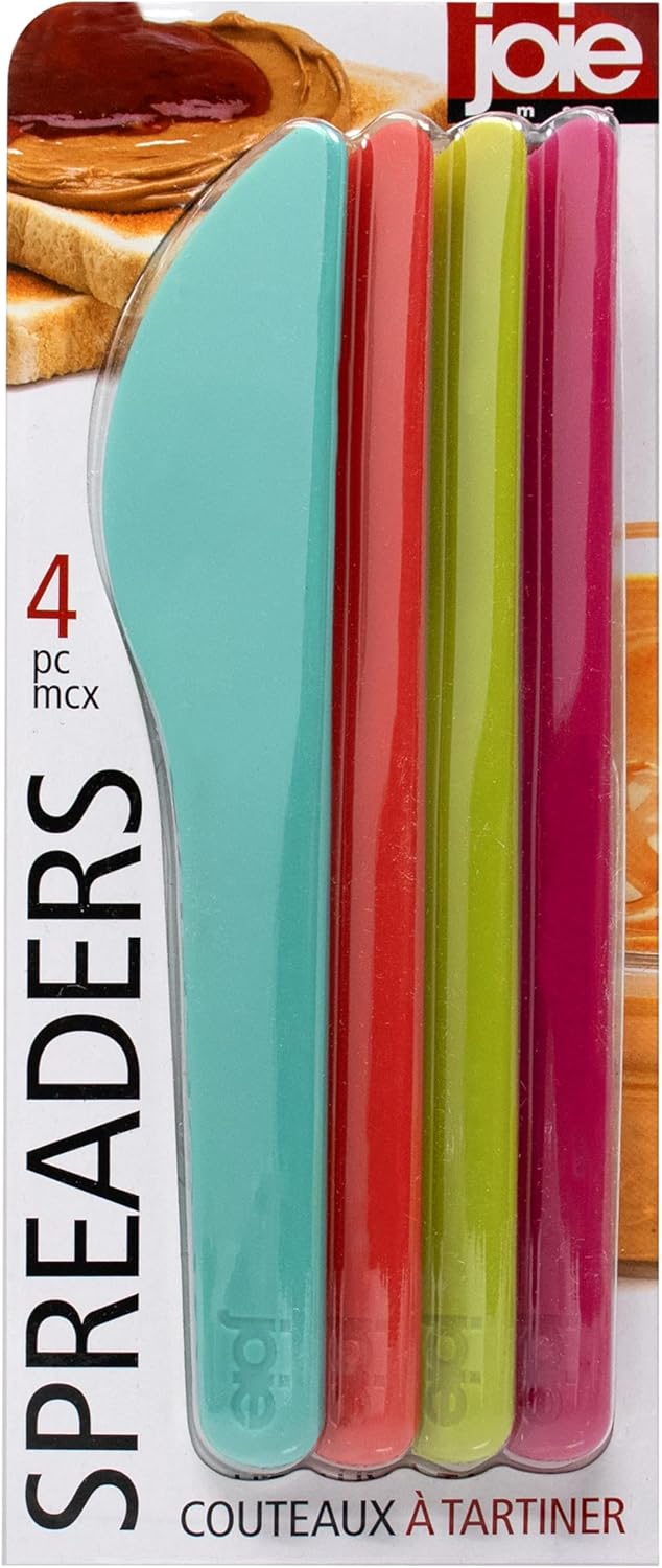 Joie Spreaders Set, Reusable Plastic Knives, Strong and Durable, Ideal for Butter, Jelly, Cream Cheese and Nut Butter, Handy Kitchen Tool, BPA-Free, Assorted Colors, 4 Count