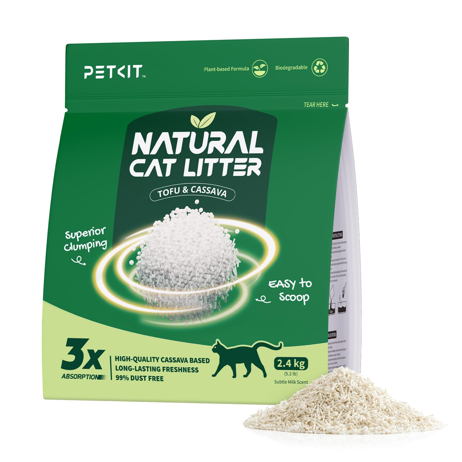 PETKIT Nueva Arena de Tofu para Gatos, 2.4kg, Arena Aglomerante para Gatos, Tapioca, 100% Natural, Superabsorbente, Control de Olores, Sin Polvo, Enjuagable, 2.4kg, 1 Bolsa