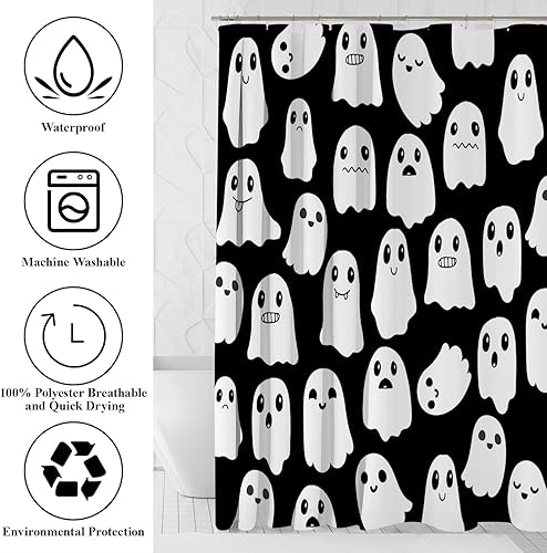 Miniatura 7 de Mocsicka Juego de cortinas de ducha de Halloween para baño, 4 piezas de fantasmas espeluznantes de Halloween con alfombras antideslizantes, cubierta