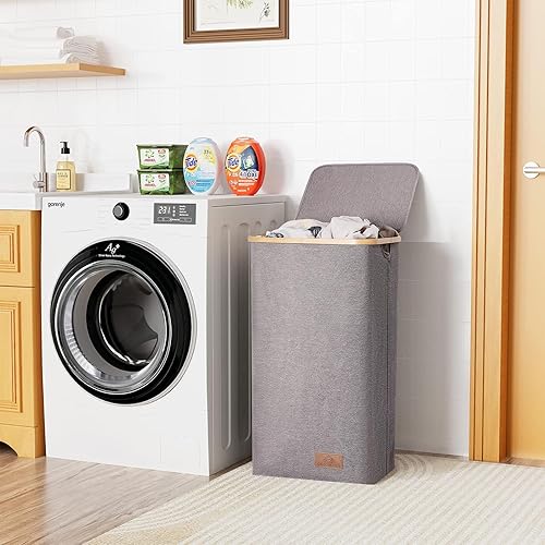 Miniatura 2 de ChicBliss Cesta grande para la ropa sucia con tapa, cesta de lavandería de 100 litros con asas de bambú para ropa, juguetes y toallas, contenedor de