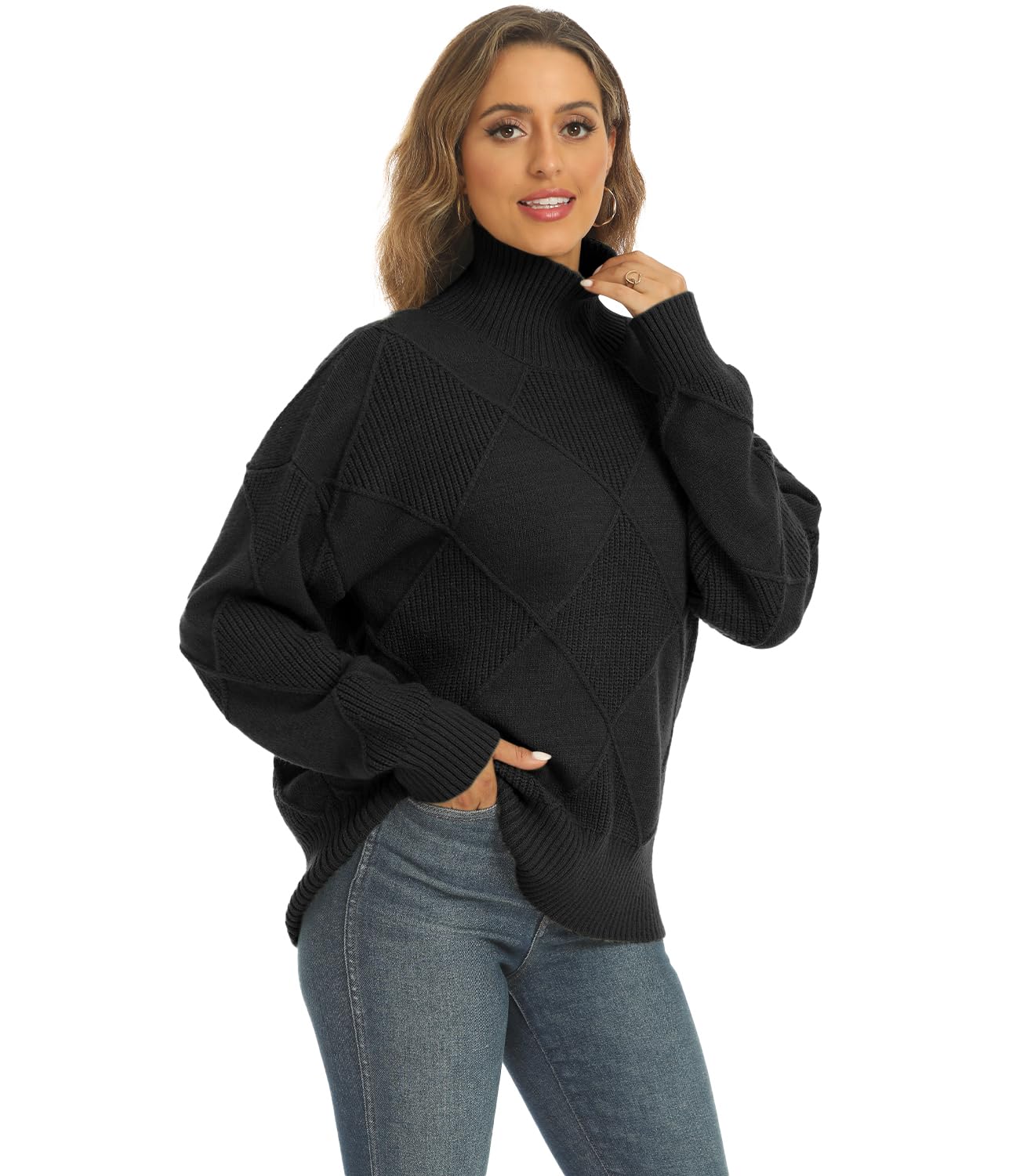 JFAN Maglione Donna a Collo Alto Elegante Pullover Vintage in Maglia a Rombo Manica Lunga Maglione Sciolta Caldo per Autunno e Inverno