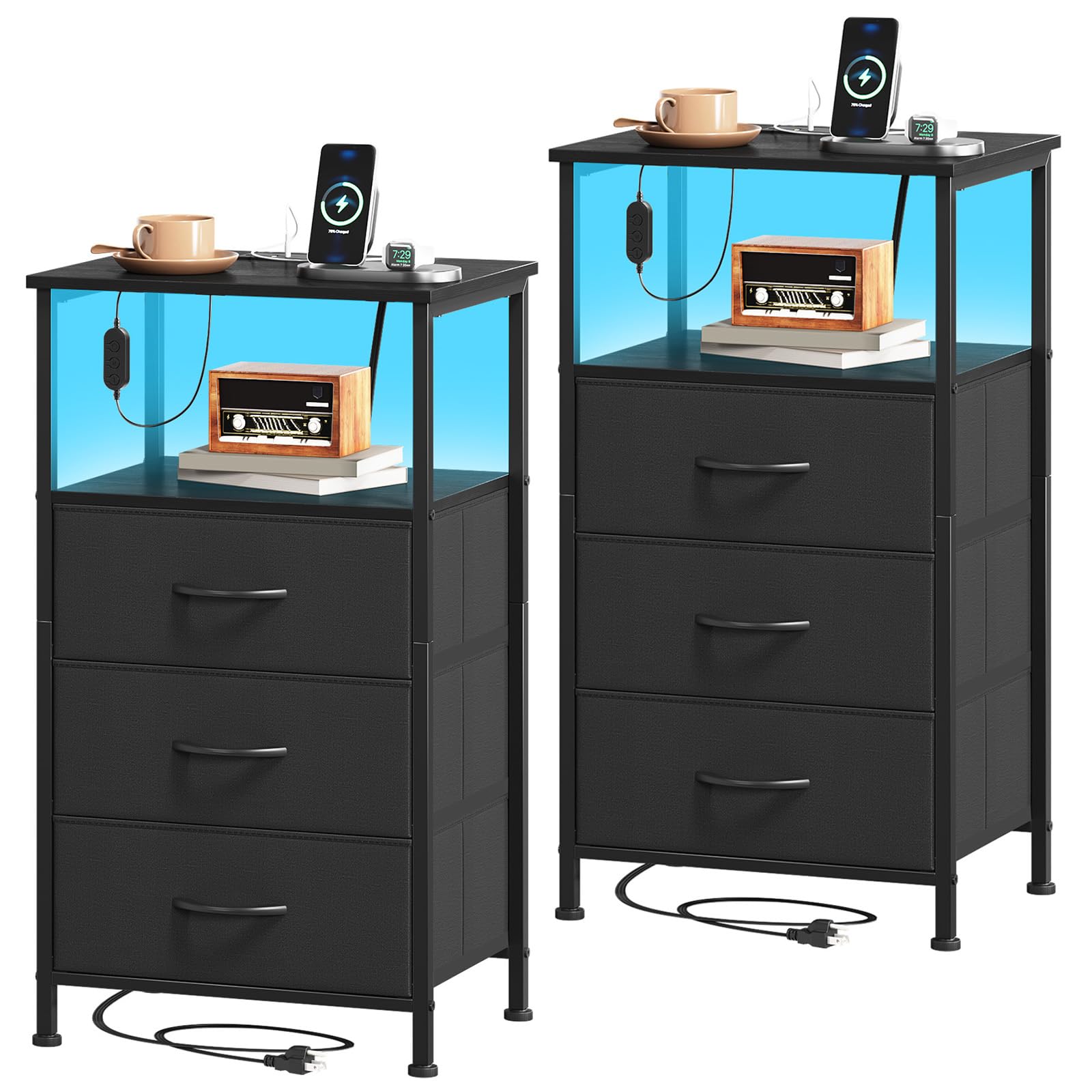 Somdot 3 Drawers Chest of Drawers for Bedroom with Charging Station and LED Light, Bedside Table Set of 2 with 2 Outlets and 2 USB Ports, Bed Side Table Cabinet for Kids Room Closet, Black
