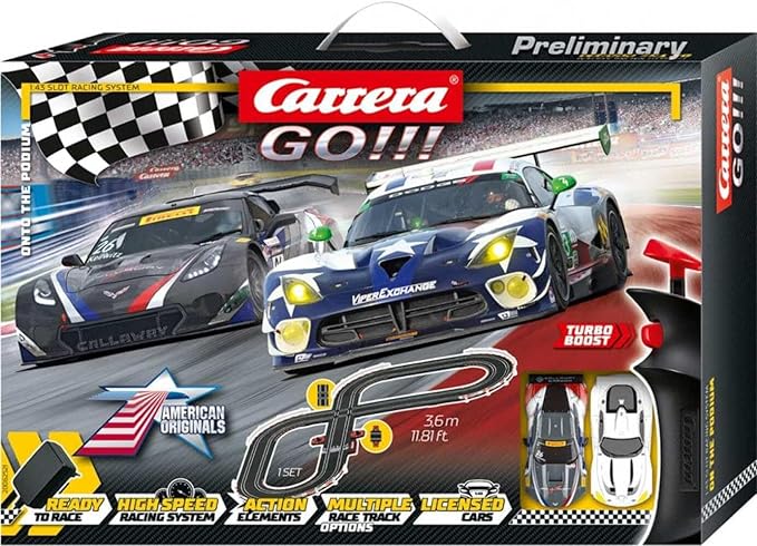 Carrera GO!!! 62521 onto The Podium Electric Powered Slot Car Racing Kids Toy Race Track Set Includes 2 Hand Controllers and 2 Cars in 1:43 Scale , Black