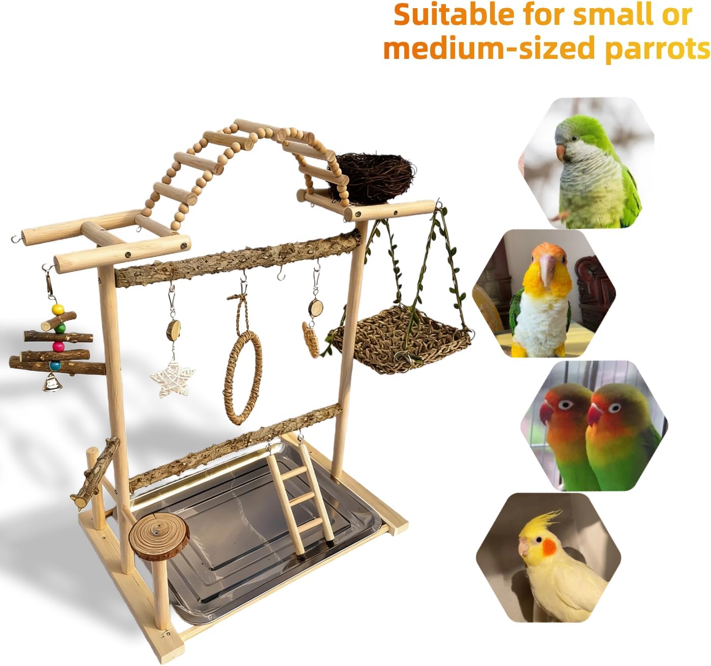 Multi-Level Bird Play Stand with Rope & Bell Toys | Natural Wooden Parrot Play Stand with Ladder & Swing | Ideal for Small to Medium Birds | Great for Cockatiels & Parakeets