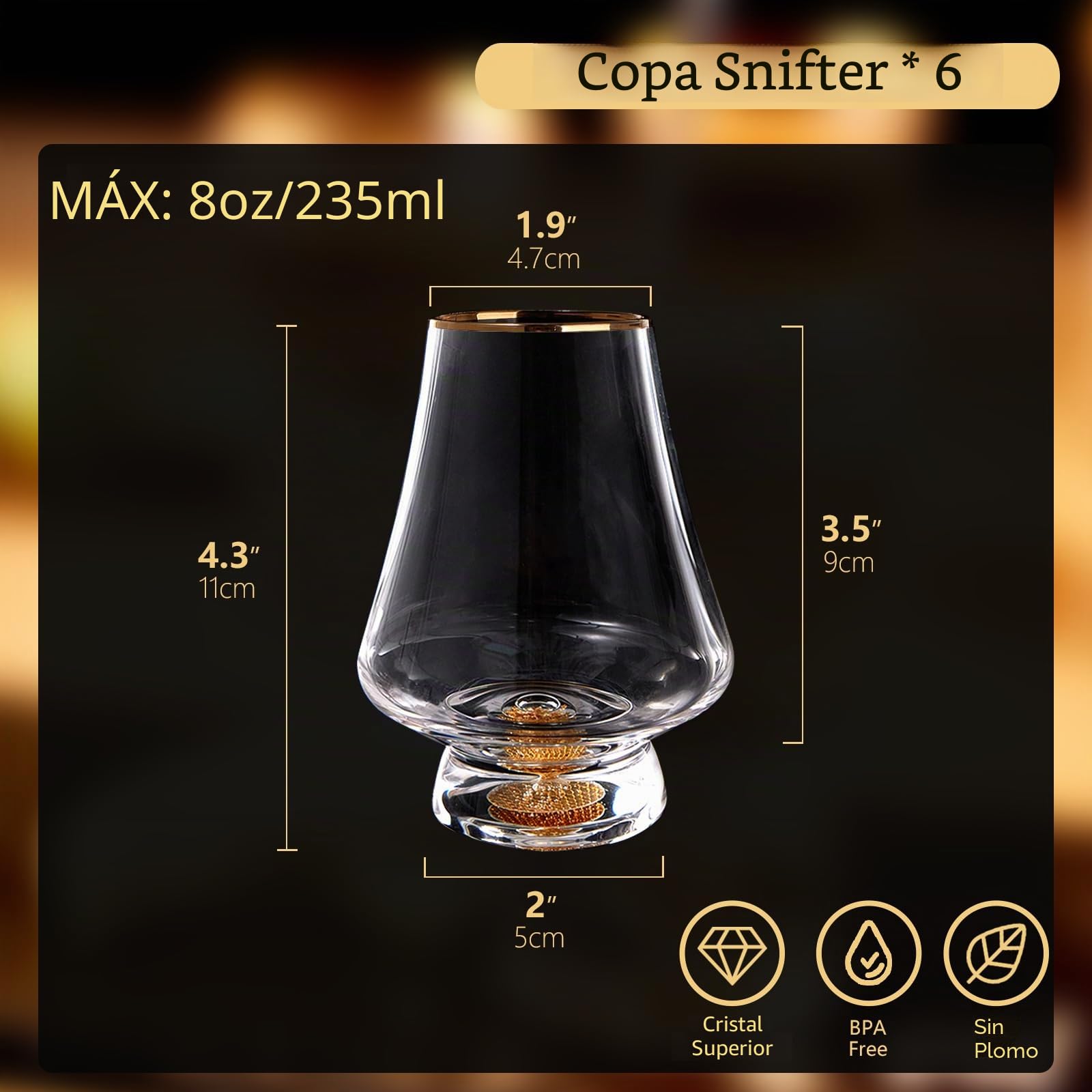 DUJUST Snifter Set de 6 copas (8 oz), vasos whisky cristal cristal con hojas de oro de 24K, aptos para whisky/brandy/cognac/bourbon/tequila/scotch. Sin BPA ni plomo