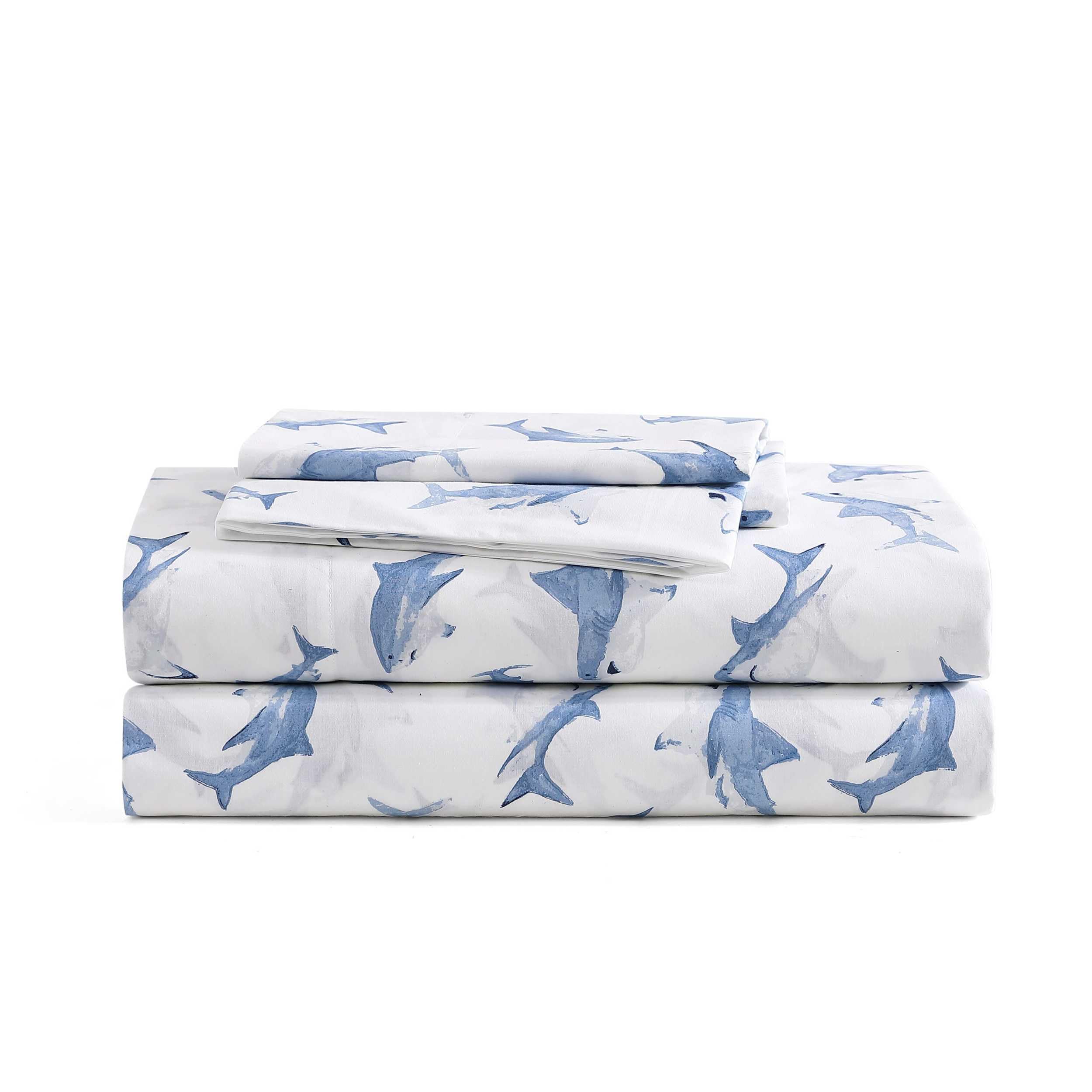 Poppy Fritz - Queen Sheets Luxurious Cotton Percale Bedding Set Crisp Cool Super Soft Bed Essentials Shark Attack