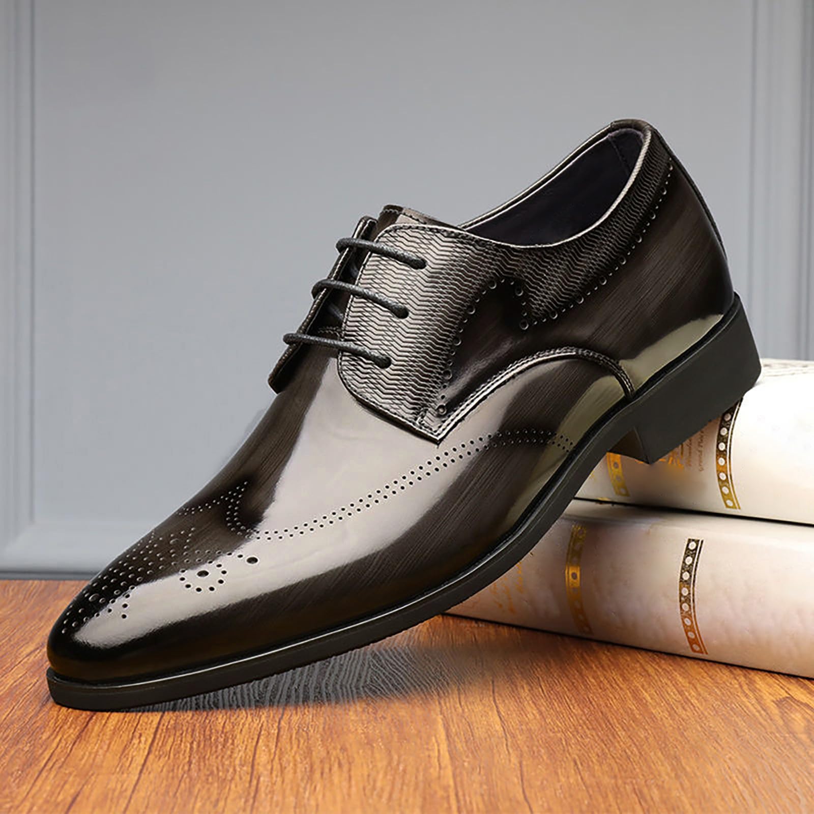 Męskie buty z brogsem eleganckie formalne sznurowane oksfordy sztuczna skóra biuro obuwie ślubne, szary, 39.5 EU