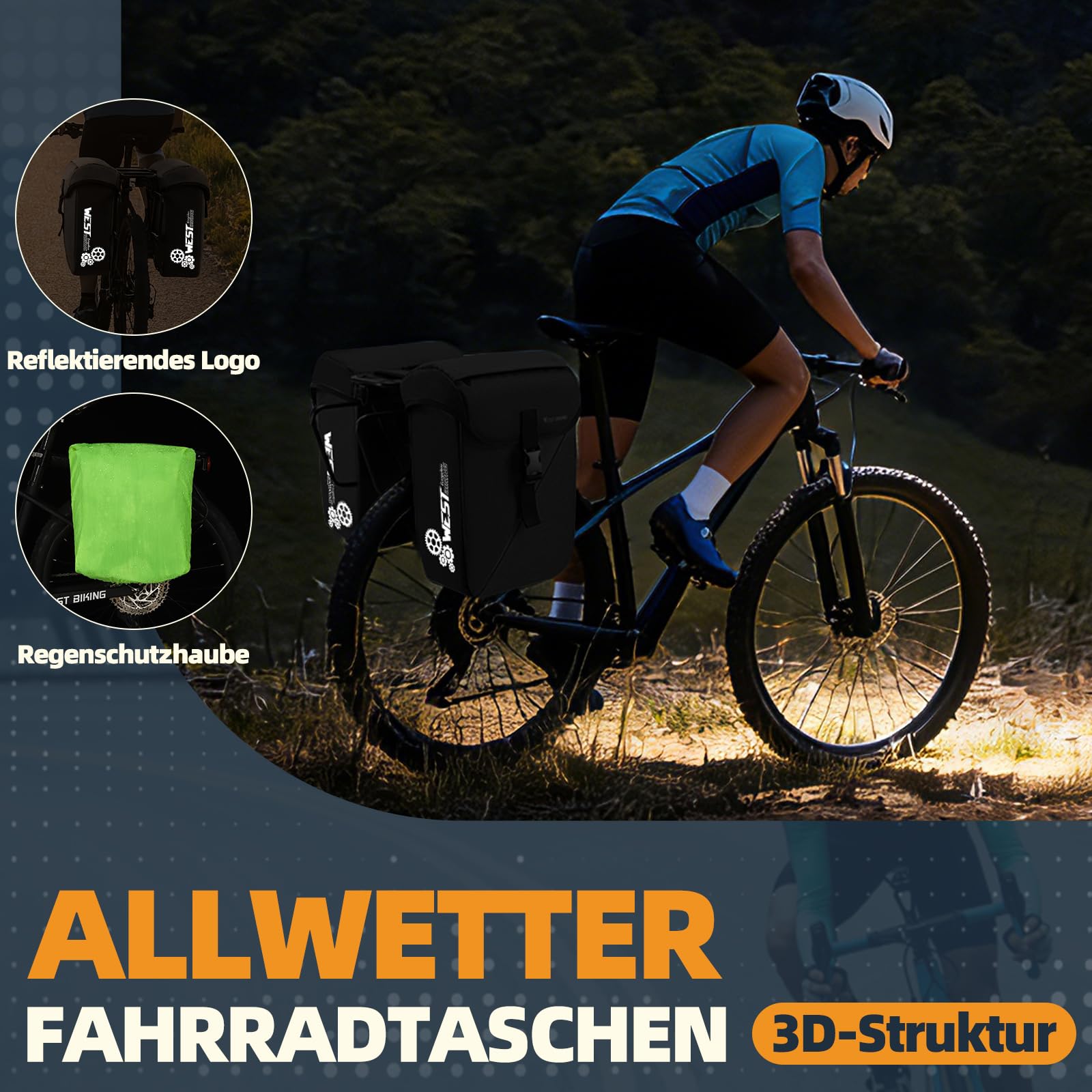 Fahrradtasche für Gepäckträger – 35L Große Kapazität, Reflektierend, leicht zu reinigen, mit Laptopfach & extra Reißverschlusstasche, Gepäckträgertasche für E-Bike MTB & Citybike (Black)