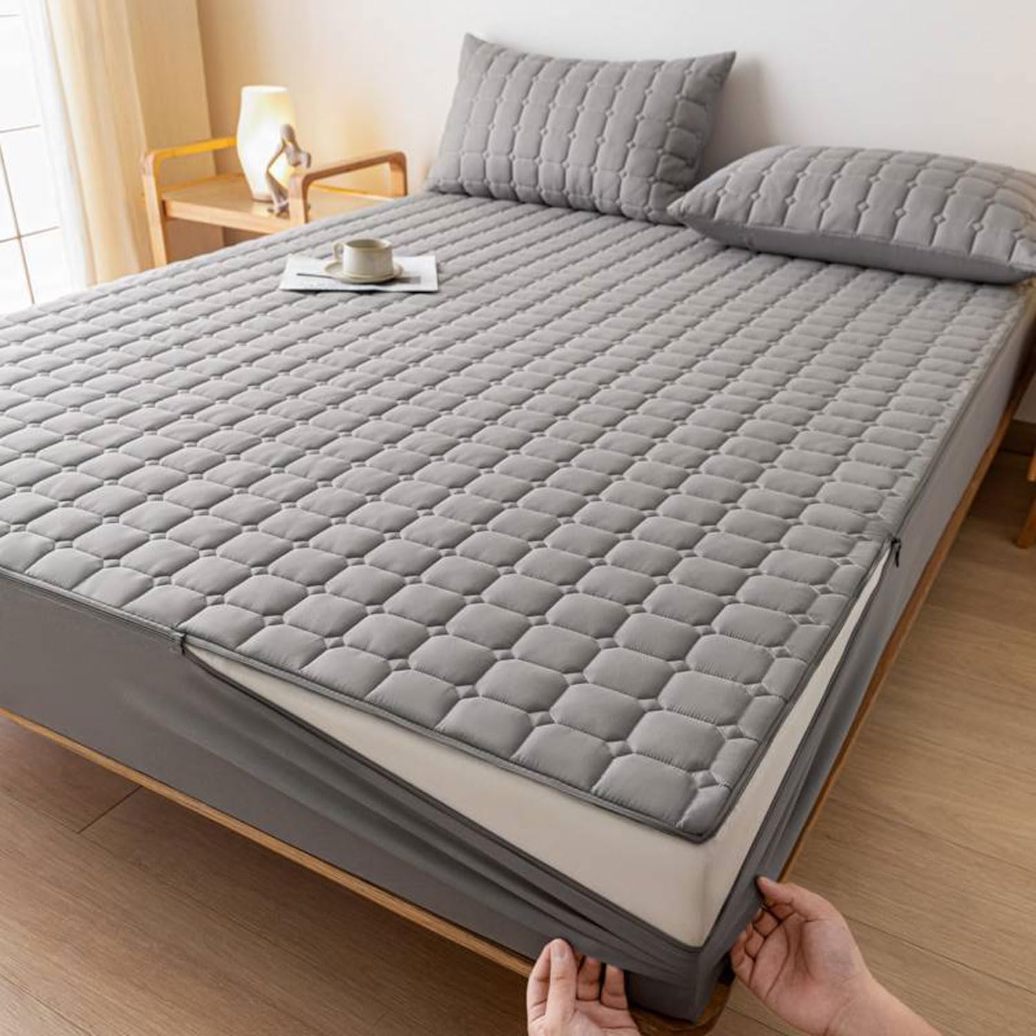 Weicher, waschbarer, wasserdichter Matratzenschoner, verdickt, grau, 200 x 220 + 15 cm, ideal zur Linderung von Allergien und Flecken.