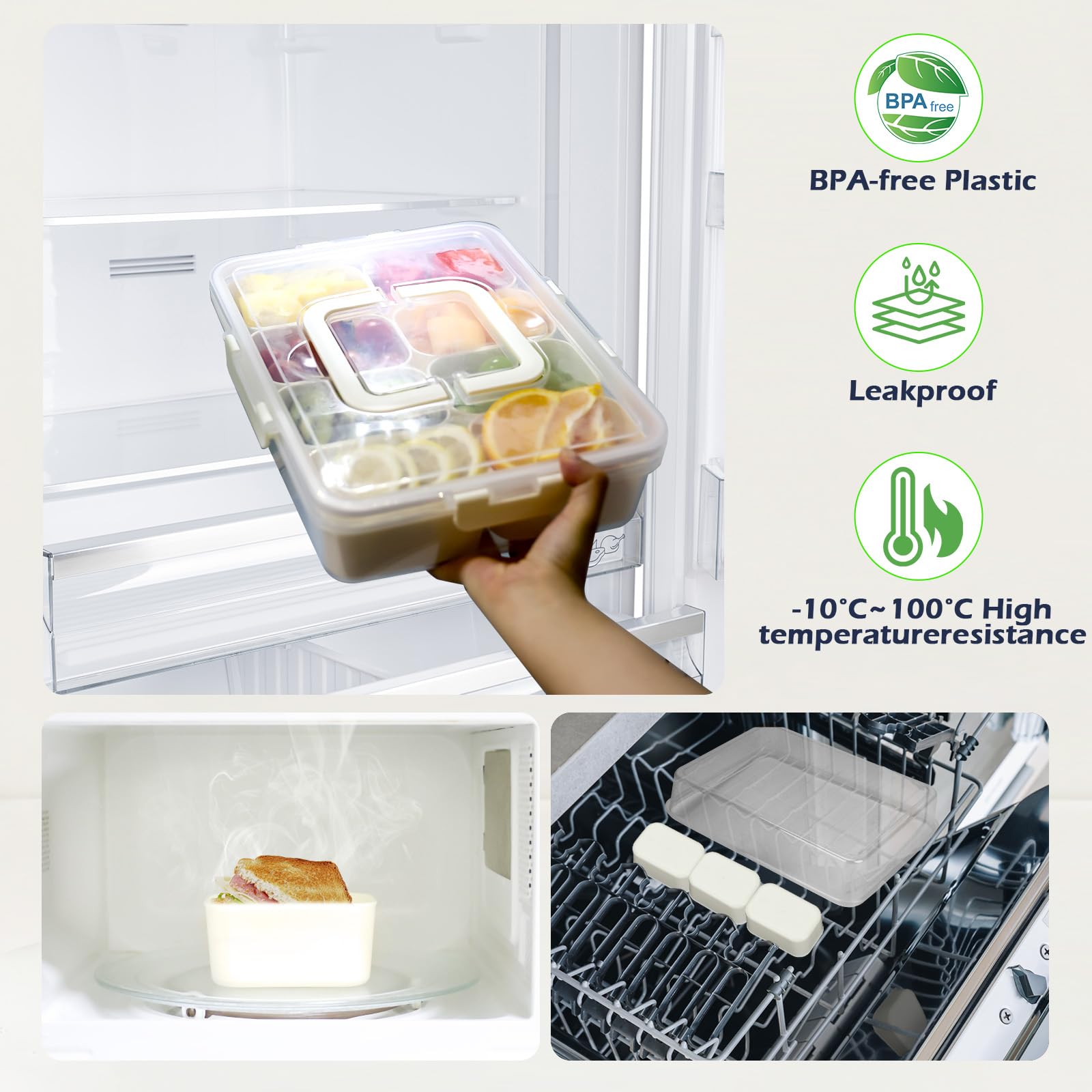 Contenitore per snack con scomparti in PP con coperchio e manico