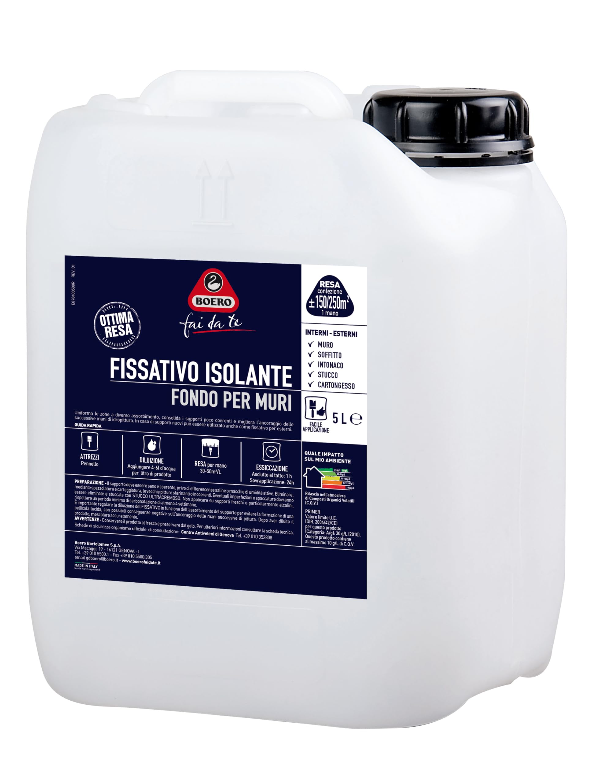 Boero Fai da Te, Fissativo Isolante per Muri Interni ed Esterni, Fondo Consolidante e Uniformante per Opere Murarie ad Alta Resa, Facile Applicazione, Formato da 5L