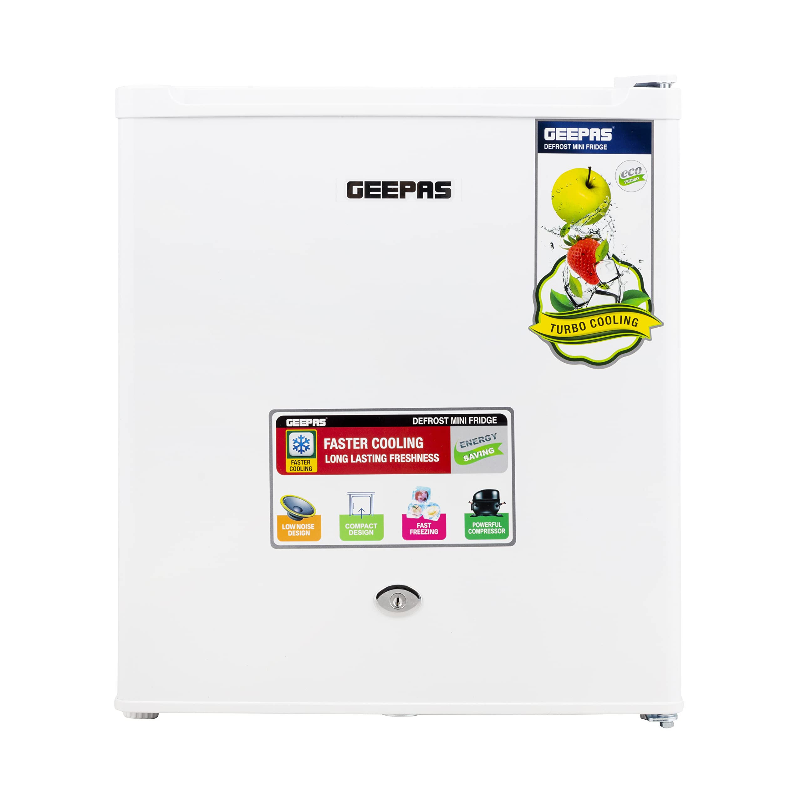 Geepas Defrost Mini Fridge 60L Door Lock and Key Low Noise Design Compact Powerful Compressor Energy Saving Fast Freezing Adjustable Thermostat GRF654WPEN White