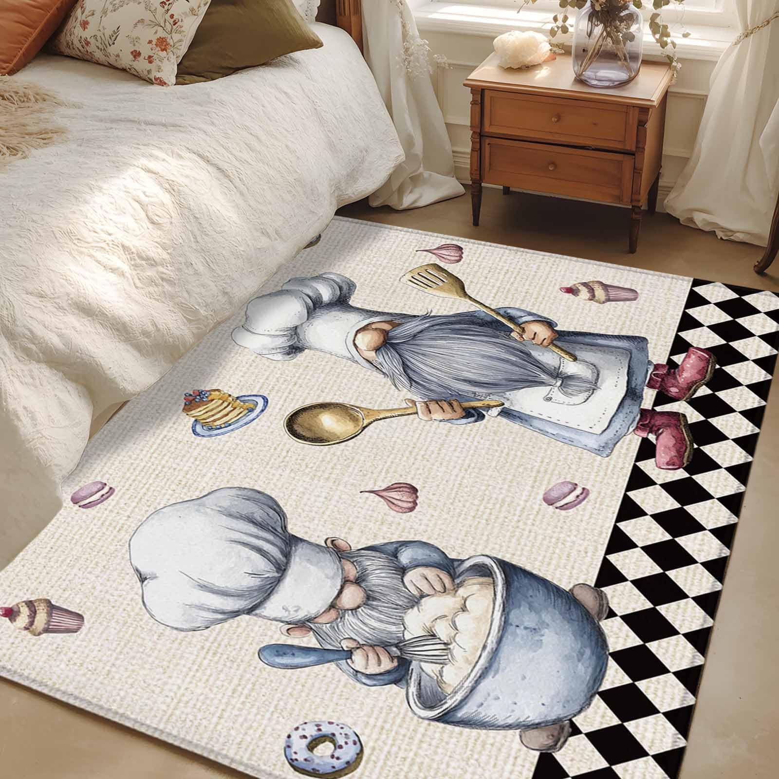 Area Rugs 2.7x5 for Living Room, Black White Vintage Gnomes Non Slip Washable Rug Runner, Checkered Retro Art Rustic Low Pile Indoor Floor Carpet Mat Bathroom Rugs for Bedroom, Kids Room