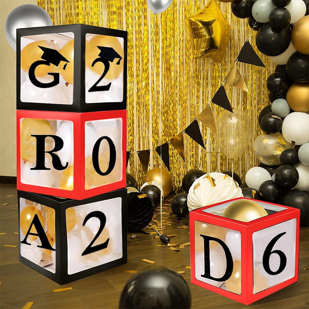 Topfunyy 2026 Graduation Party Balloon Boxes - 4 Pack Black&Red Balloon Boxes with Letters of GRAD, Class of 2026 and Proud of You for College，High School Graduation Celebration Party Decorations