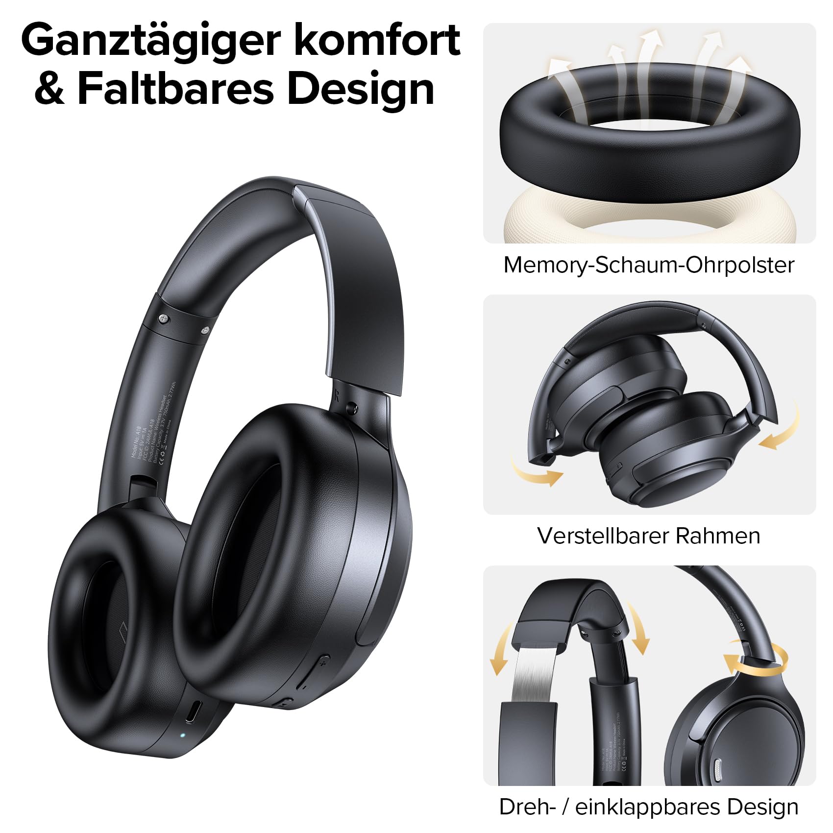 Bluetooth Over Ear Kopfhörer mit Hybrid ANC & 6 ENC Mikrofonen,120 Std Akku, Faltbares Design, Komfort Ohrpolster Kopfhörer Kabellose für Gaming, Musik, Homeoffice & Reisen