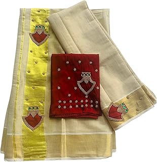 ALLUVY Kuthampully Kerala Kasavu Set Mundu For Women | Handcrafted Aari work Kerala Set Mundu | Tissue Onam Set Mundu With...
