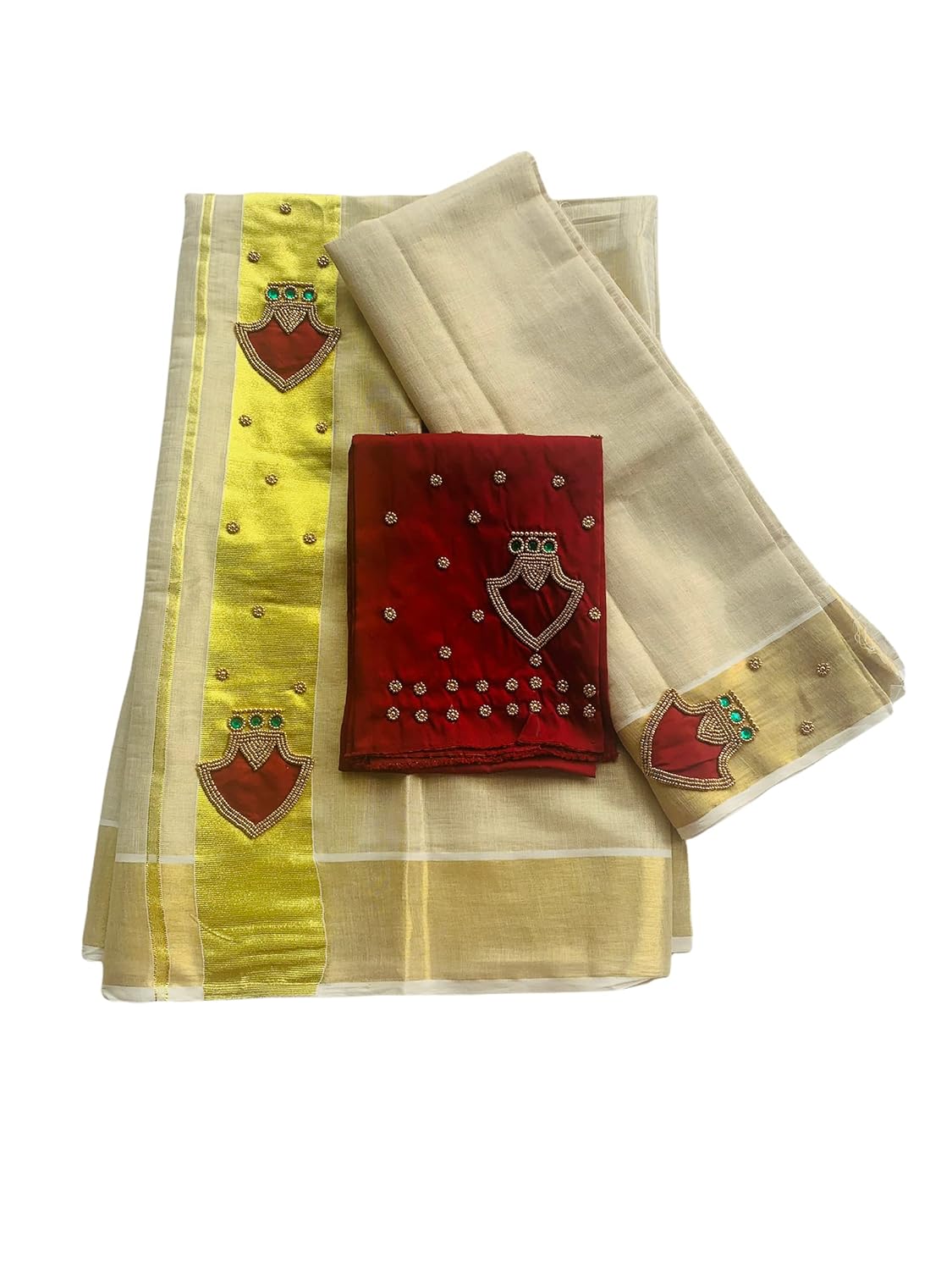ALLUVY Kuthampully Kerala Kasavu Set Mundu For Women | Handcrafted Aari work Kerala Set Mundu | Tissue Onam Set Mundu With...