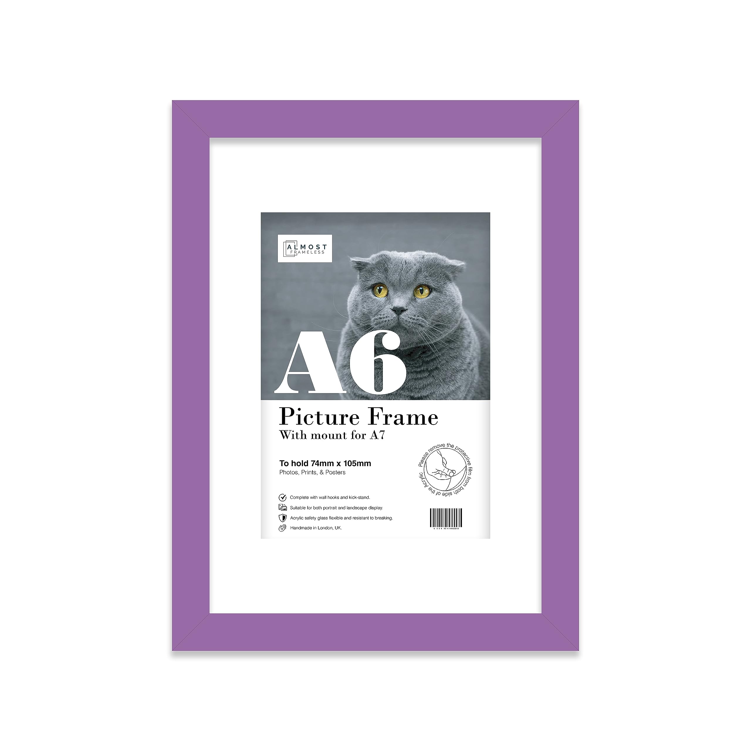 Almost Frameless A6 Purple Picture Frame With Mount for A7 Print, Poster or Photo Poster, Photo, Artwork, or Print. Thin Edge Slim Frame Portrait and Landscape Display with Wall Hooks โ image 1