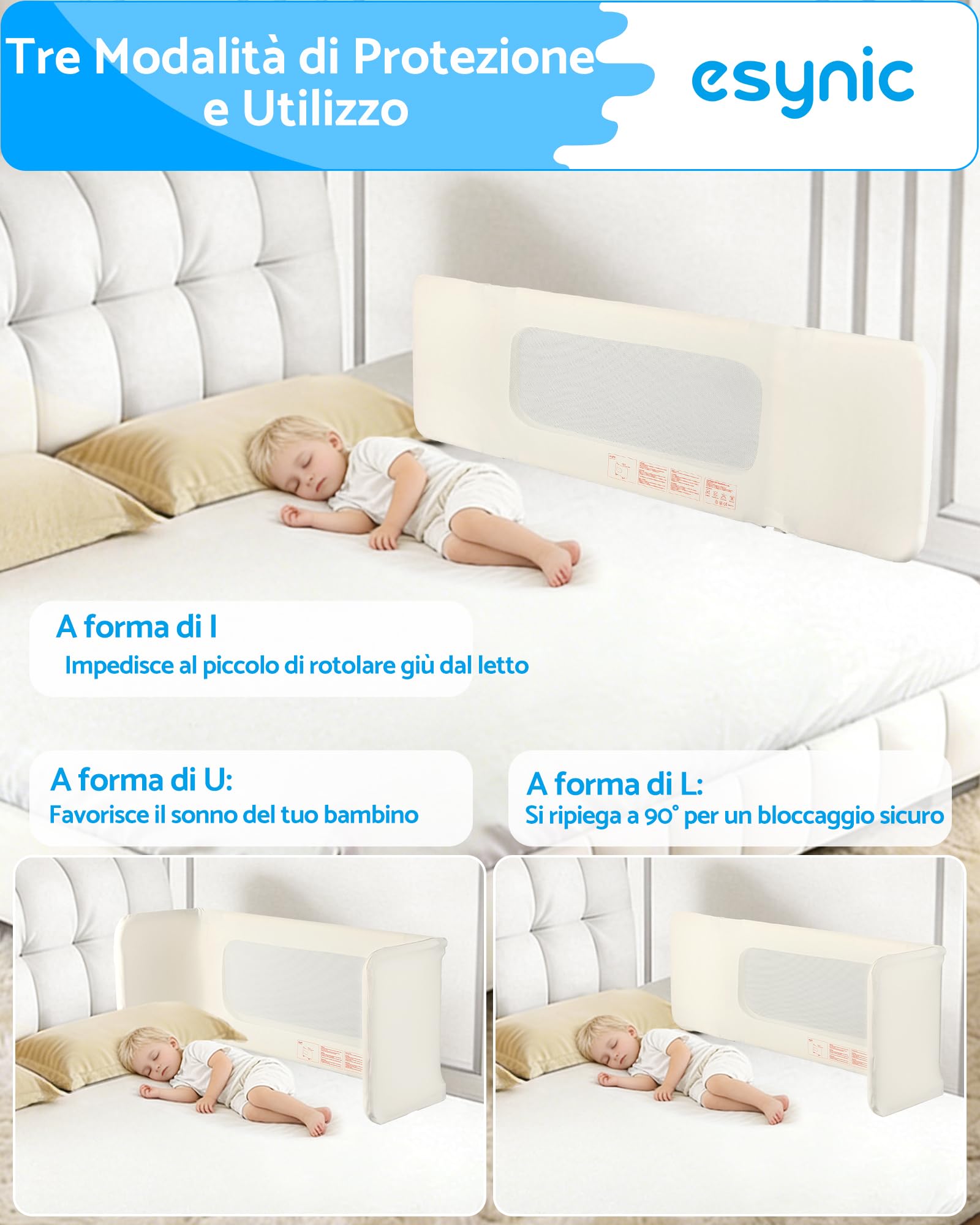 eSynic Barriera Letto Bambini 150cm, Pieghevole e Portatile da Viaggio, Altezza Regolabile su 19 Livelli da 2-26cm, Sponda Lettino a Tre Ante per Piccoli 0-5 Anni, Forma Variabile a L, U e I - Beige