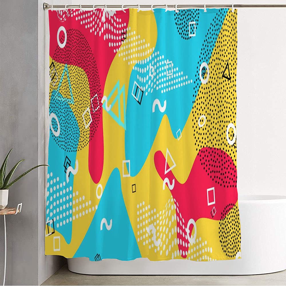 Bathroom Shower Curtain Line Shape Blue 90S Pop Color Creative Memphis Pattern 80S Flat Colorful Abstract Artistic Bauhaus Fabric Bath Curtain Waterproof Bathroom Curtain 72" x 78"