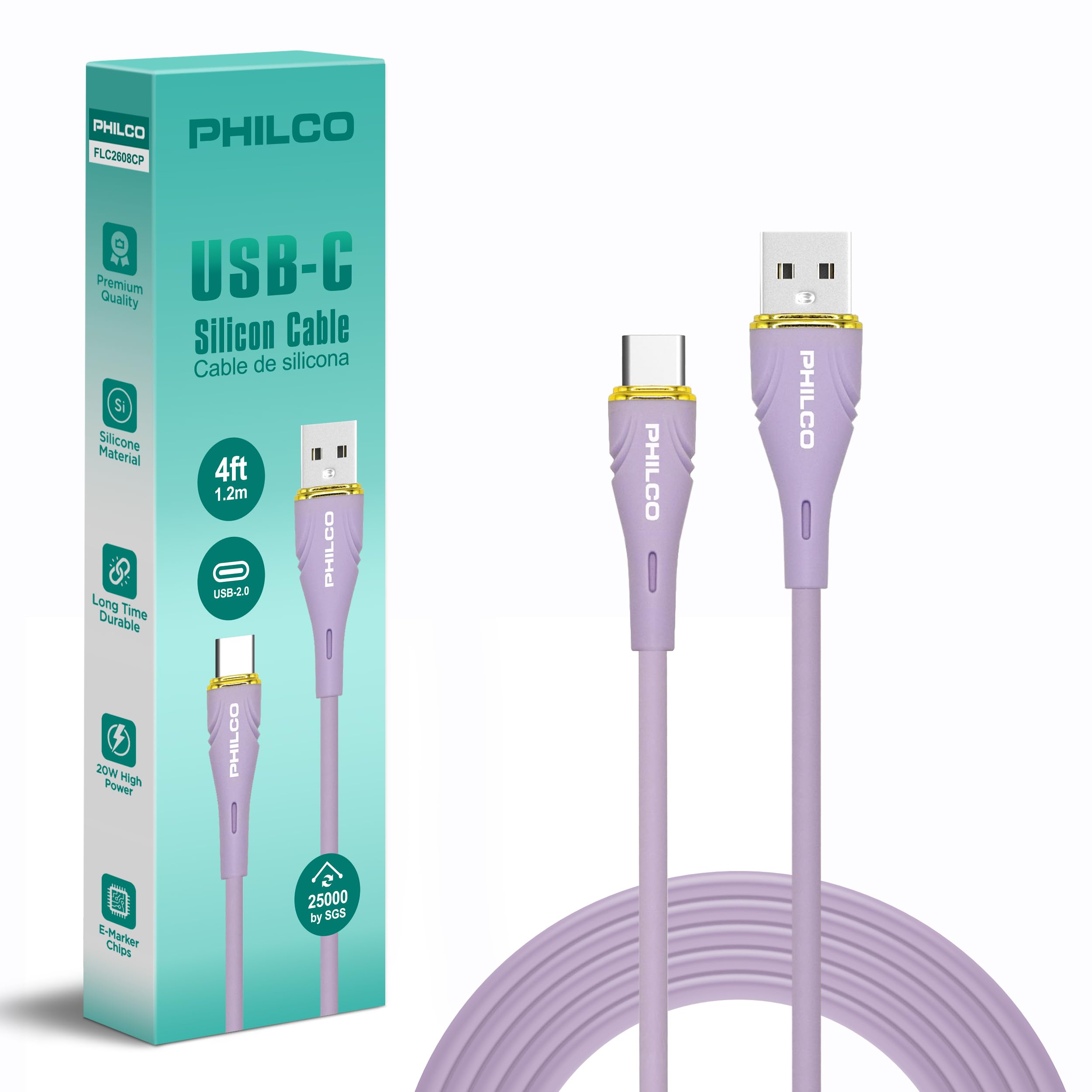 Philco USB to USB C Cable, Type C Charger Cord, 20W Fast Charging USB A to USB C Cable, 4FT Silicone Tangle Free USBC for iPhone 15, 16, MacBook Pro, iPad Air 4, iPad Pro & More (1, Purple)
