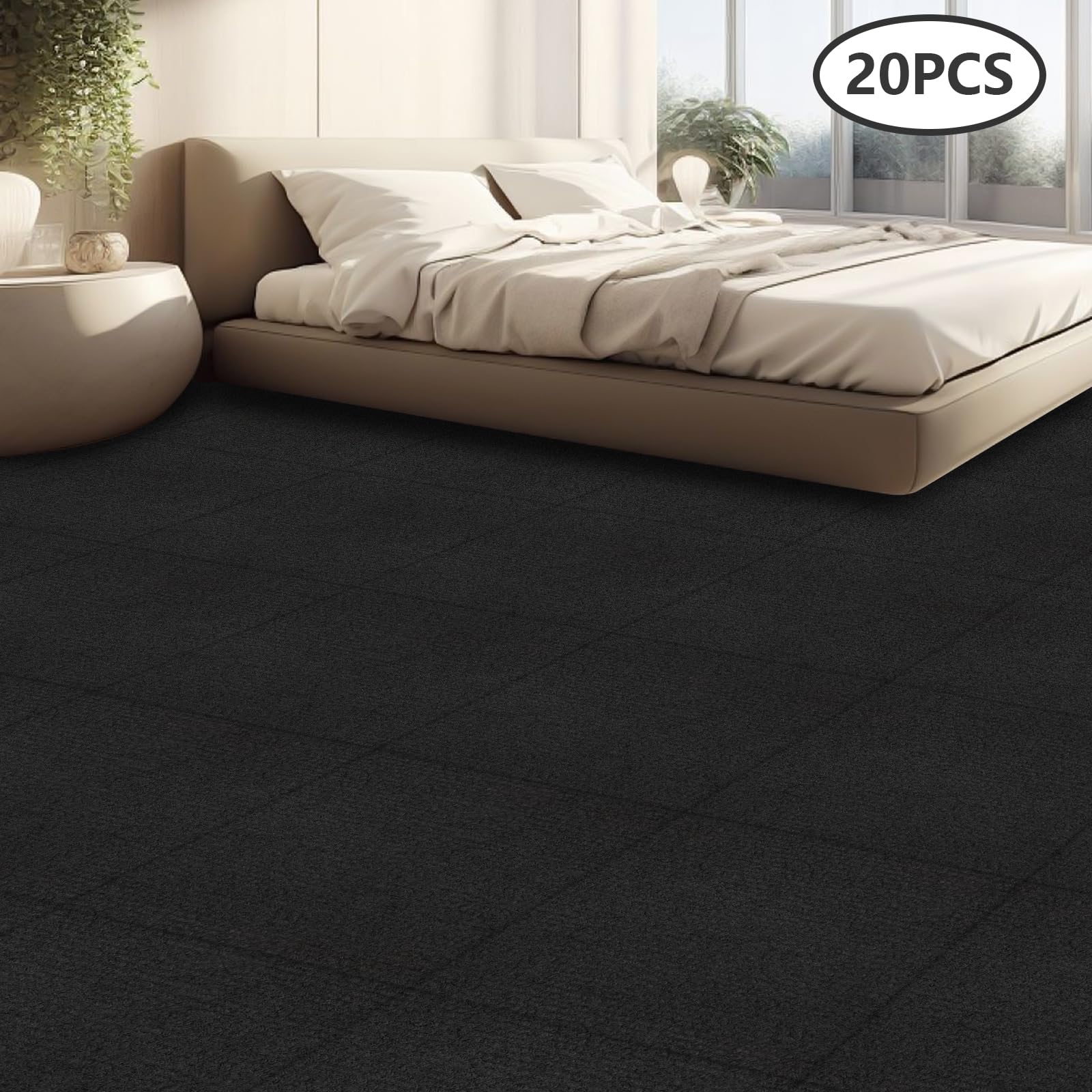 Azulejos de moqueta autoadhesivos, 50 x 50 cm, 20 unidades, fácil de cortar, alfombra cuadrada para el suelo de salones, pasillos, oficinas, hoteles (negro)