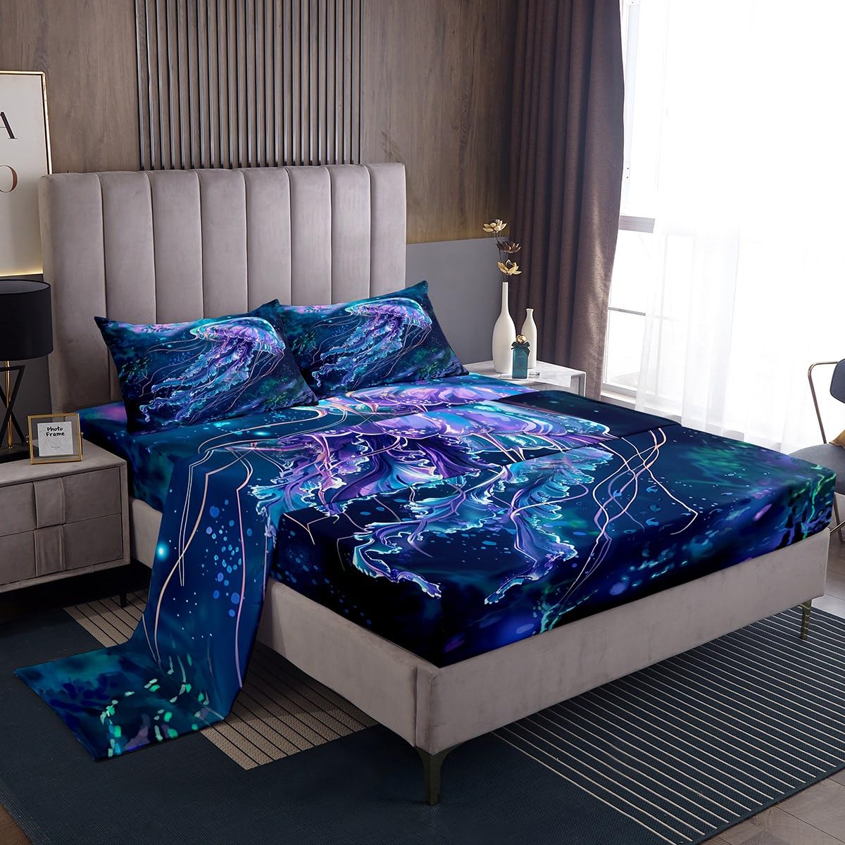 Trippy Jellyfish Bed Sheet Set Full,Fantasy Sea Creatures Fitted Sheet Watercolor Ocean Animals Bedding Set for Kids Boys Teens Room,Horror Halloween Decor Top Flat Sheet 4pcs,2 Pillowcases