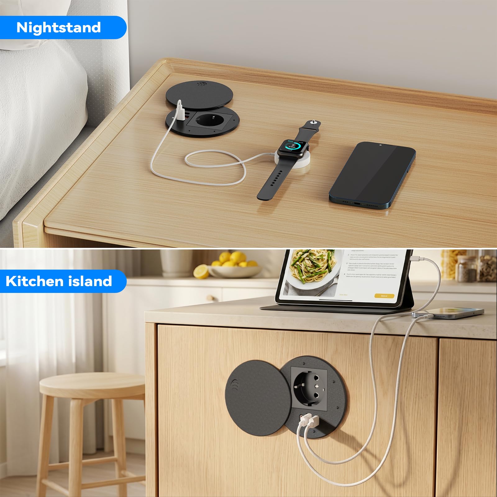 Gniazdo wpuszczane z USB C PD 35 W, wpuszczana listwa zasilająca z pokrywą, wysuwana wtyczka do blatu roboczego, meble kuchenne, kabel 1,8 m