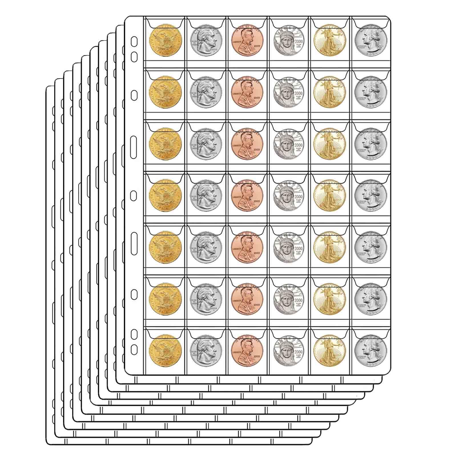 42-Pocket Coin Pages for Collectors, Standard 9-Hole Coin Collection Pages fit Most Binder, Coin Collecting Supplies, Coin Sleeves for Coin, Stamp,