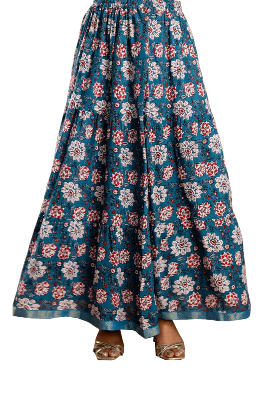 Long Printed Maxi Stylish Morden and Comfortable Cotton Skirt Turquoise-image-1