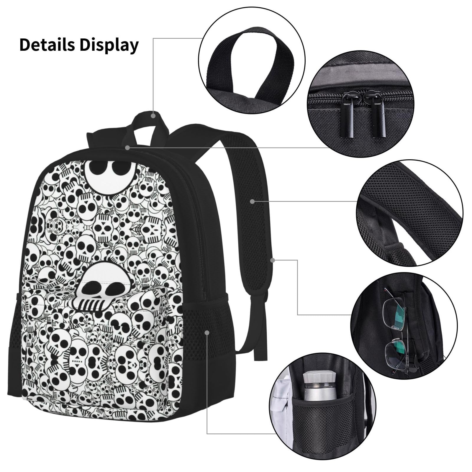 Juego de 3 mochilas escolares con estampado de calaveras en blanco y negro, mochila para laptop de gran capacidad resistente al agua con bolsa de almuerzo aislada y estuche para lápices para