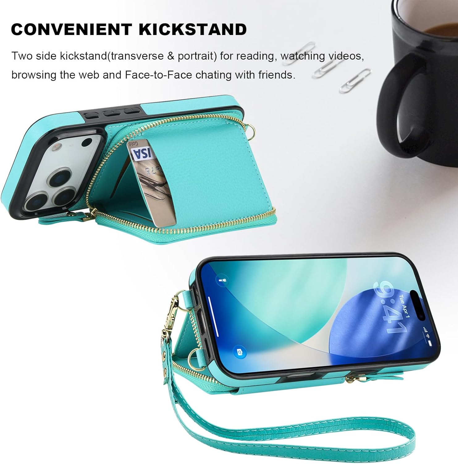 Bocasal RFID Blocking Wallet Case for iPhone 17 Pro, Adjustable Crossbody Zipper Purse Case Card Holder with Kickstand Detachable Wrist Strap, PU Leather Flip Folio Case 6.3 Inch 5G (Mint Green)