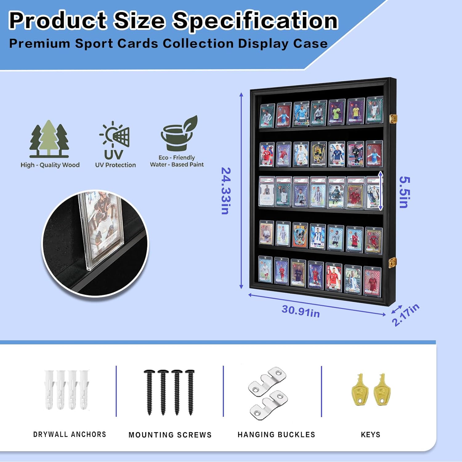 Baseball Card Display Case, Wooden Wall Cabinet with 35 Card Slots, with UV Protection Used for Displaying Graded Sports Cards of Football,Basketball,Soccer and Hockey.