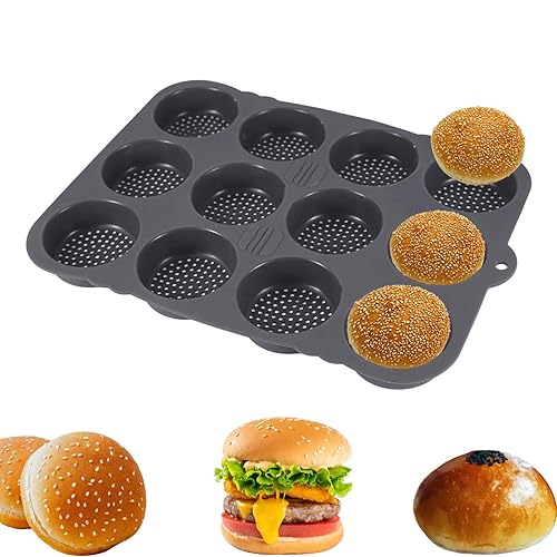 atrccs Silicone Burger Bun Pan, 12-Cavity Hamburger Bun Pan, Nonstick Burger Mold & Heat Resistant Hamburger Helper Mold, Bread Loaf Pans for Homemade Bread, Silicone Muffin Pan Tray for Baking - 12-chamber