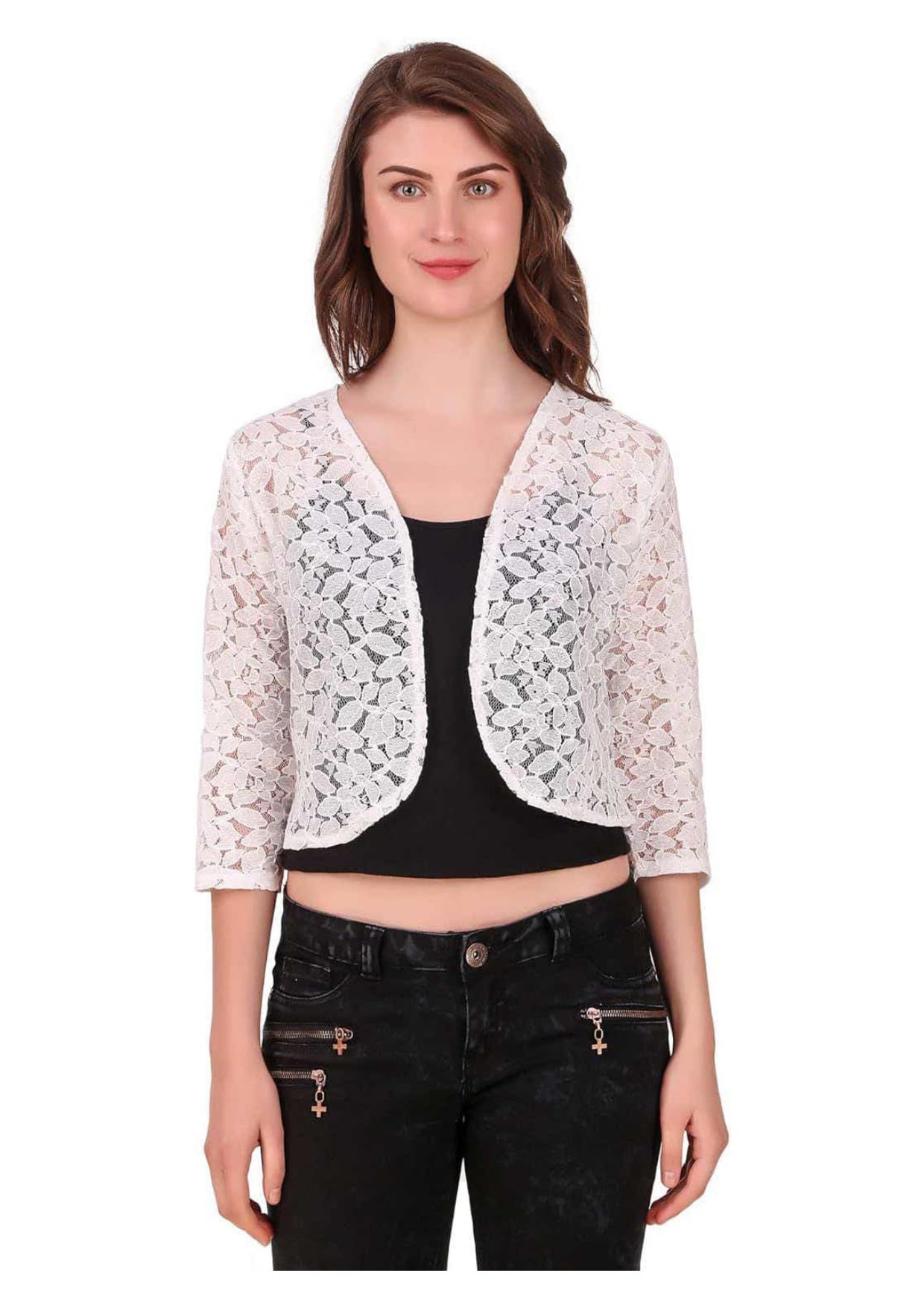 Meher Hosiery 3/4 Sleeves Cotton Net Floral Design Shrug for Girls & Women - Casual & Formal Wear-picture-13