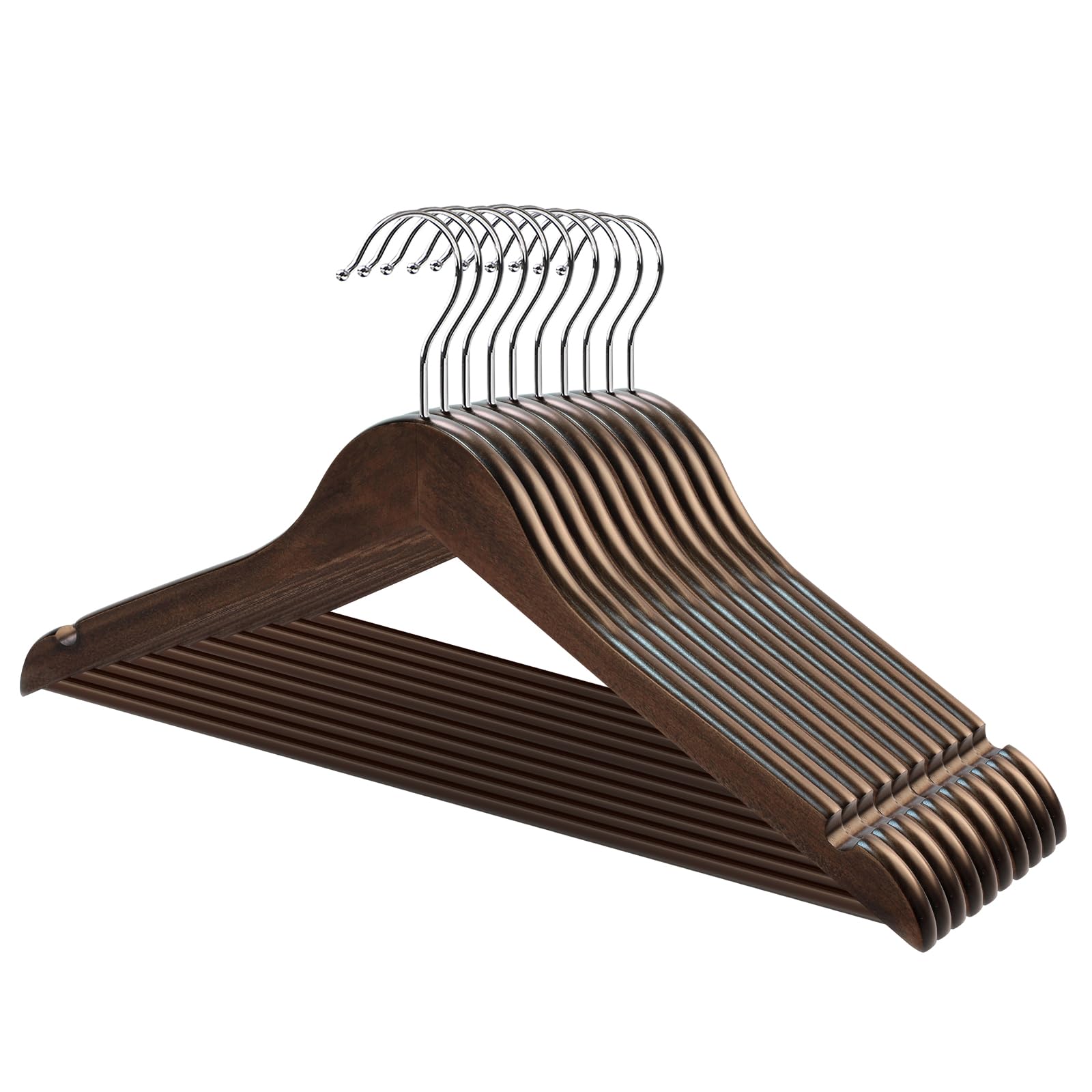 ABHENG AWY0310H Wooden Coat Hangers, 10 Pieces, Dark Walnut, Non-Slip Trouser Bar, 360° Swivel Hook, Space-Saving, Premium Quality, Maple Wood, Polished Finish