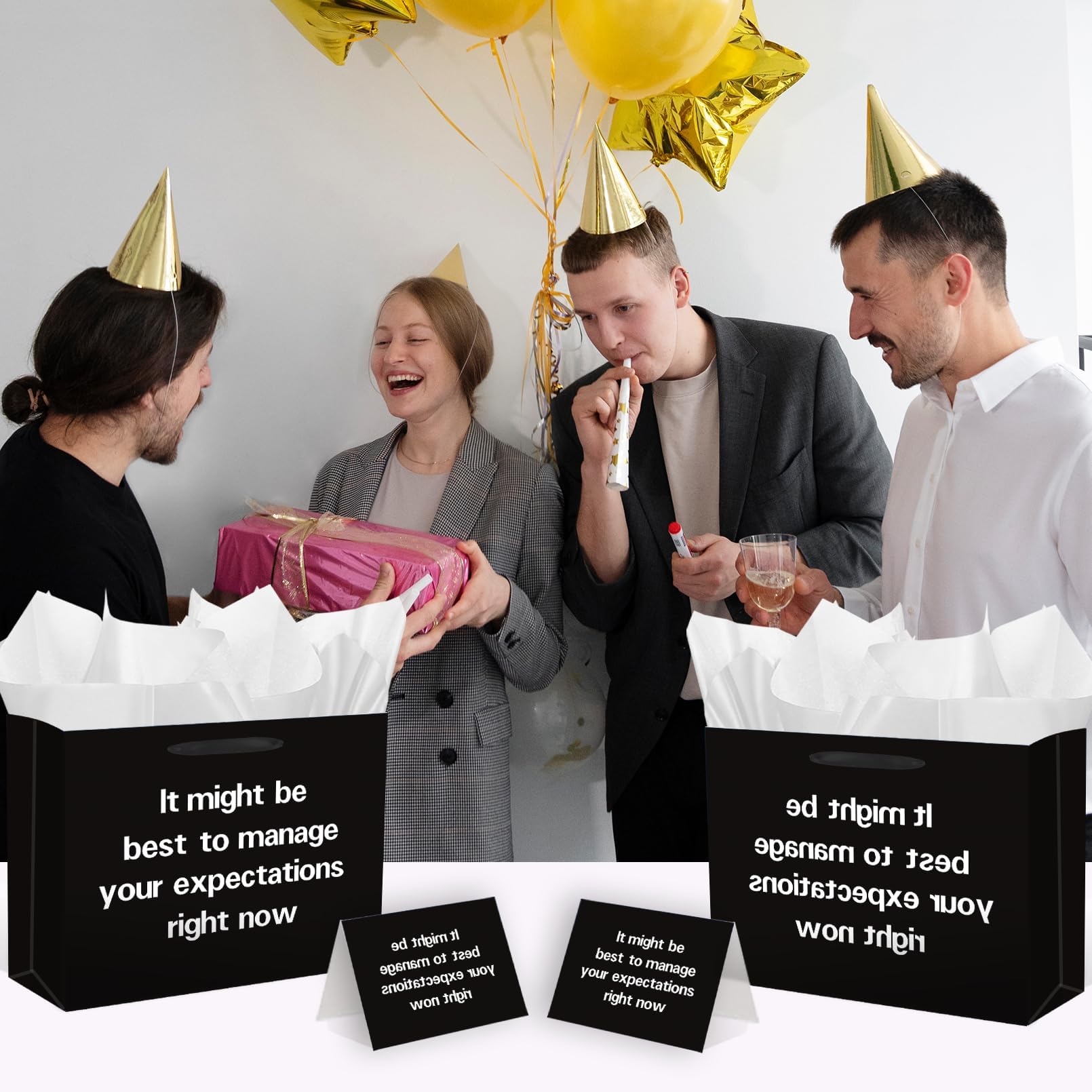 SolarGlory Black Funny Gift Bag with Card and Tissue Paper - Sarcastic Manage Your Expectations Design - White Wrapping Paper - Perfect for Prankgifts, Officegifts, Birthday & Humor Enthusiasts