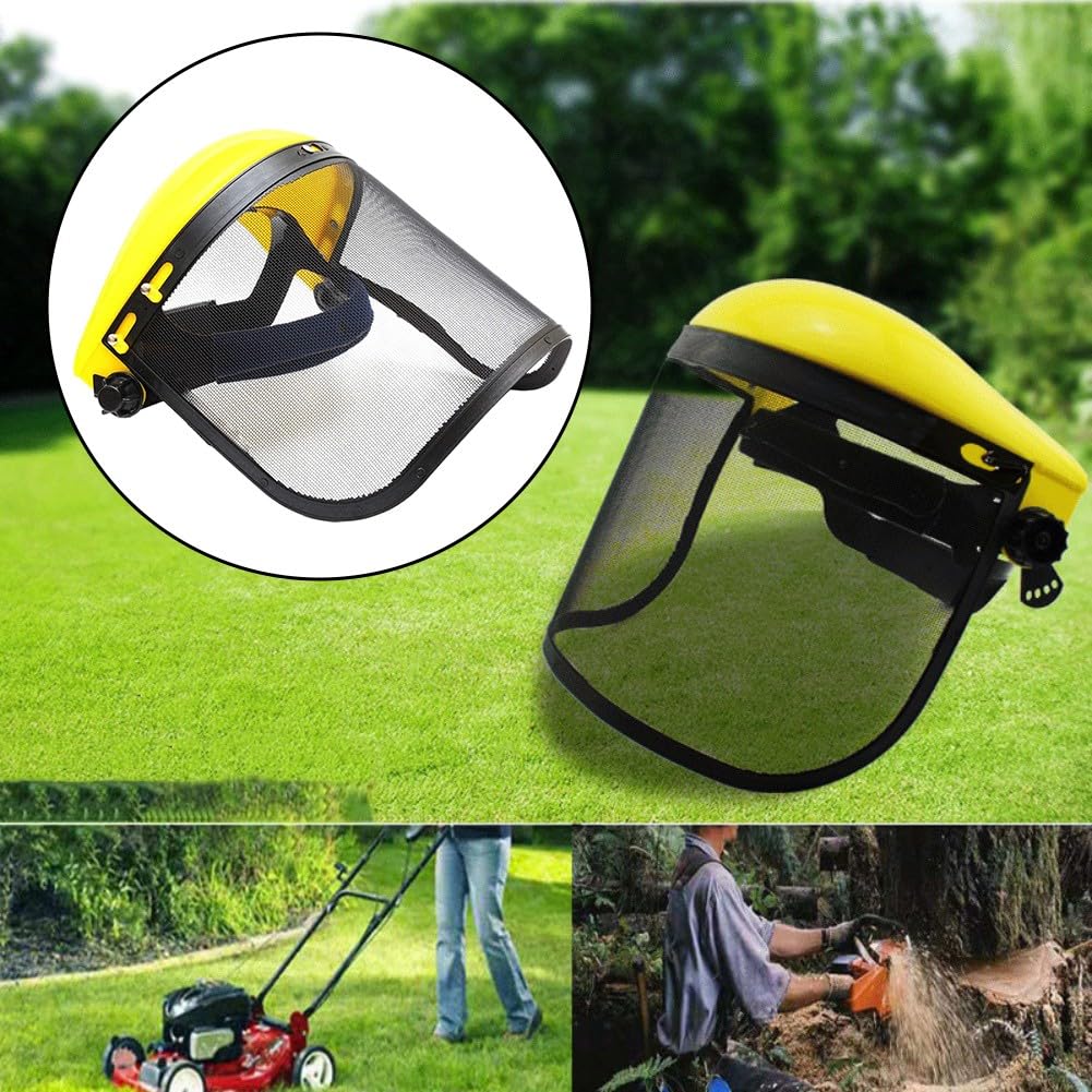 Malla protectora facial de malla de acero con marco de PP, protector de cabeza ajustable para jardinería, poda de árboles y césped, alta visibilidad y transpirabilidad, amarillo